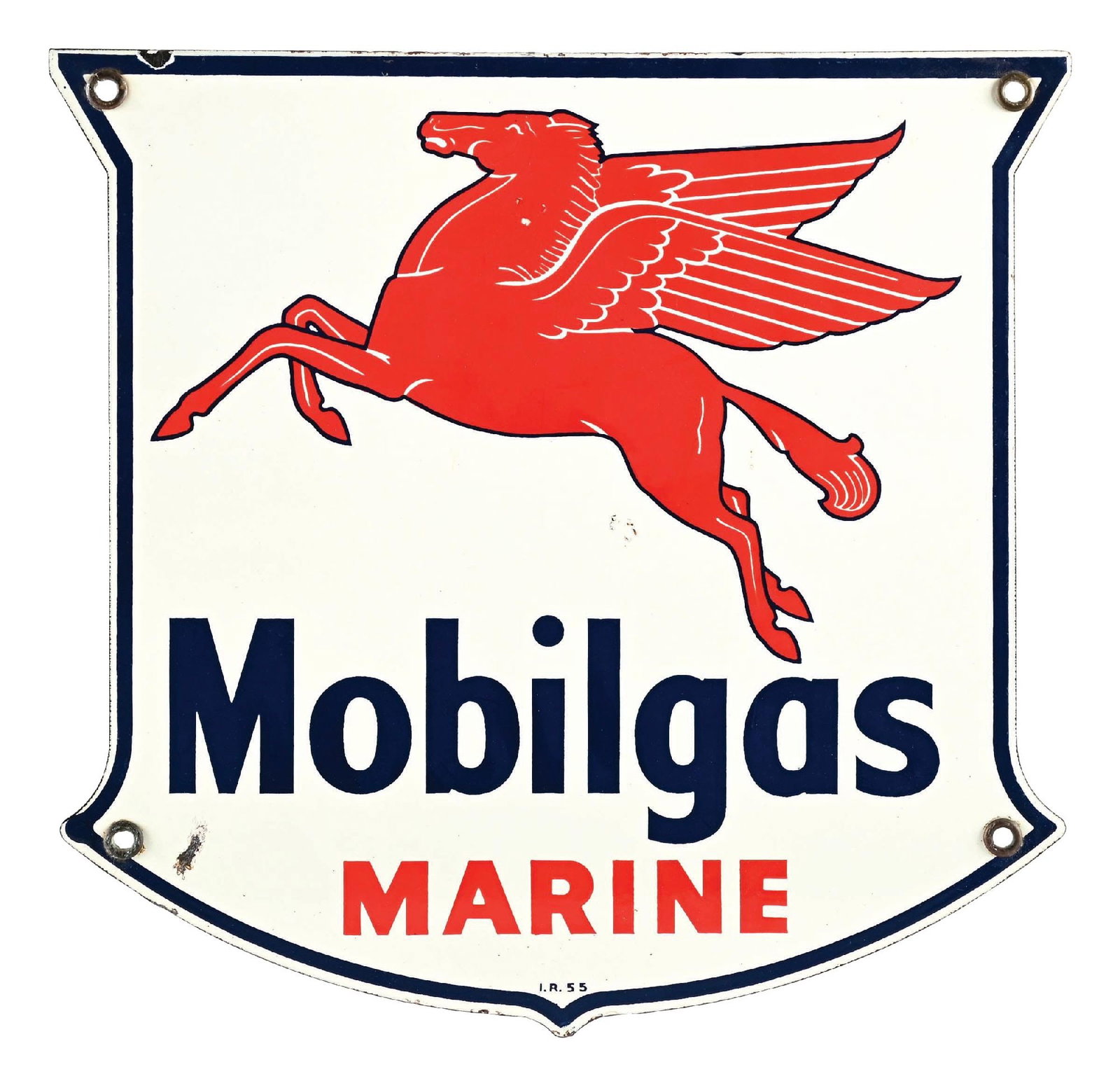MOBILGAS MARINE PORCELAIN PUMP PLATE SIGN WITH PEGASUS GRAPHIC: SSP. Maker marked Ingram Richardson and Dated 1955. CONDITION: Excellent color and gloss throughout the field, showing surface scratching at the center and one chip in the lower-left field. Mounting