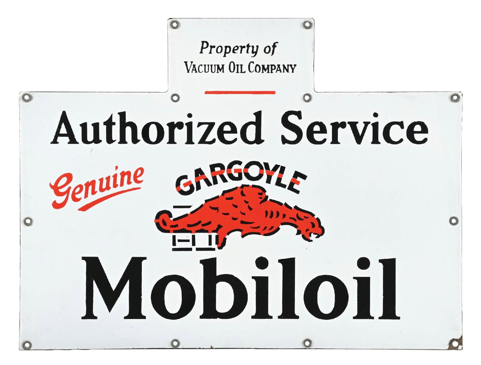 MOBILOIL AUTHORIZED SERVICE PORCELAIN RACK SIGN: SSP. C. 1920s. CONDITION: Excellent color and gloss throughout the field, showing no notable chipping in the fields. Mounting holes in very good condition, showing one chip at the lower-right edge. A