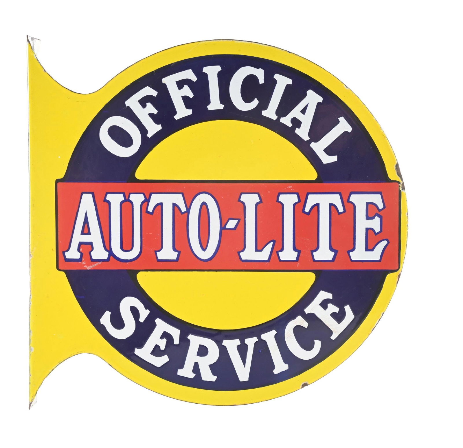 RARE AUTO-LITE SERVICE PORCELAIN FLANGE SIGN: DSP. C. 1930s. CONDITION: Sign showing outstanding color and gloss throughout the field of each side. Very minimal areas of light nicks in the outer fields of each side, but overall brilliant