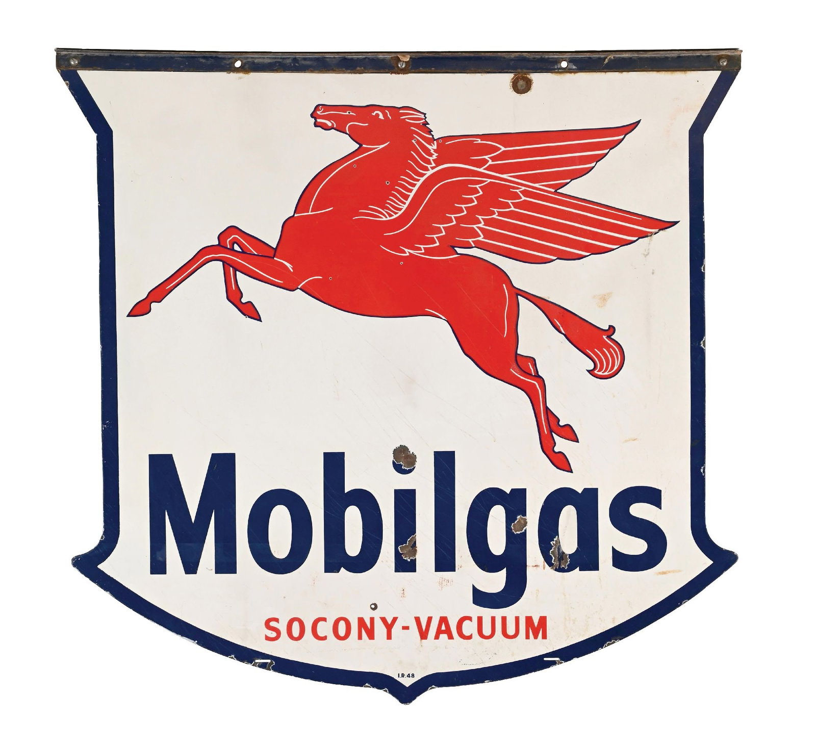 MOBILGAS PORCELAIN SHIELD SIGN: DSP. Maker Marked Ingram Richardson and Dated 1948. CONDITION: Bright color and gloss throughout each side, showing areas of scattered chipping and bullet hits. The backside showing moderate scratchin