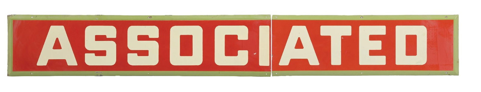 ASSOCIATED GASOLINE TWO-PIECE PORCELAIN STRIP SIGN: SSP. C. 1930s. CONDITION: Bright color and gloss throughout, showing minor areas of chipping in the inner field, as well as some areas of staining. Chipping along the outer edges, at the mounting hole