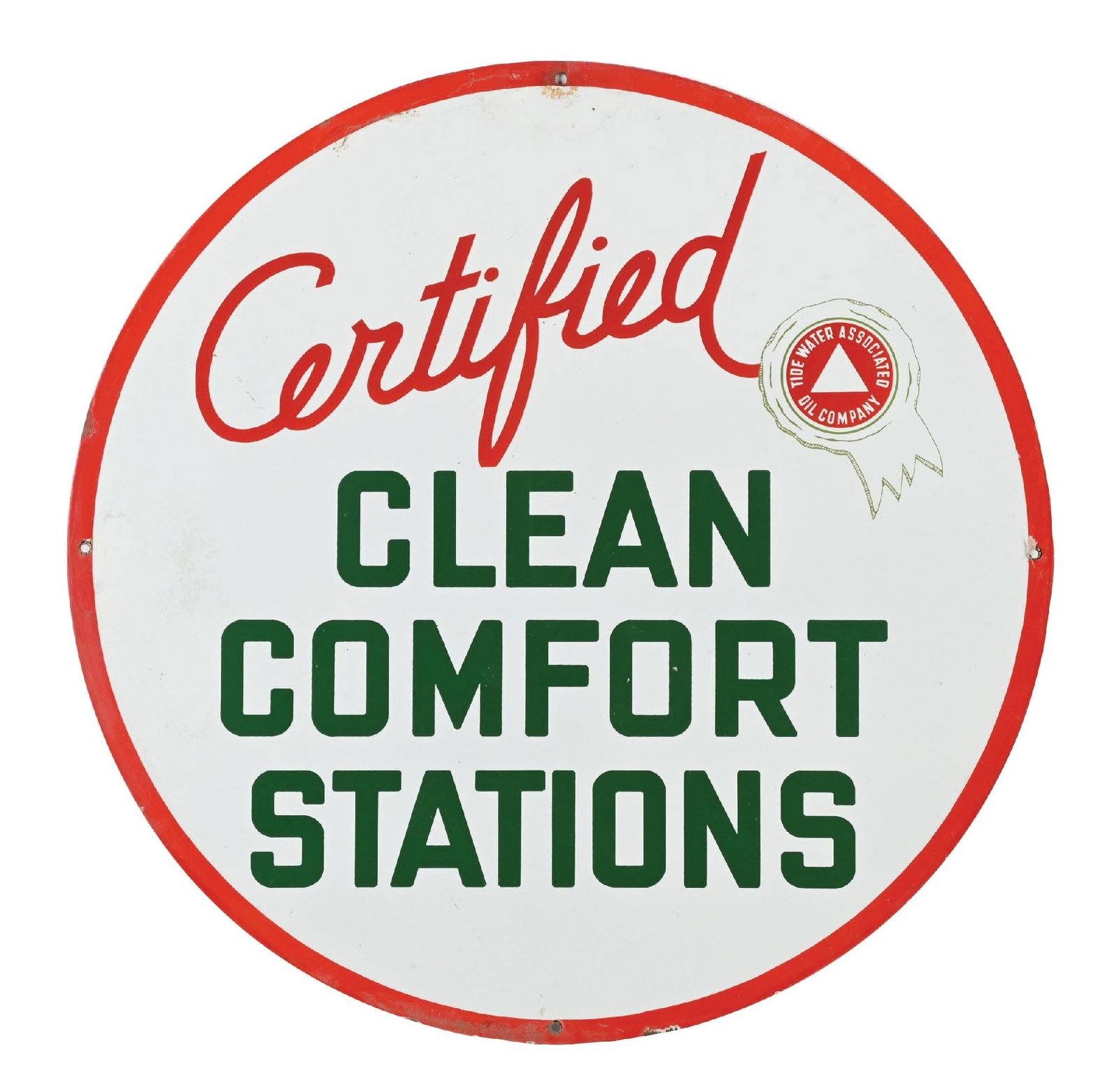 ASSOCIATED CERTIFIED CLEAN COMFORT STATIONS PORCELAIN SIGN: DSP. C. 1930s. CONDITION: Each side showing excellent color and gloss, with areas of touch-up at the upper and side mounting holes on each side. Minor areas of chipping along the outer edges. The fiel