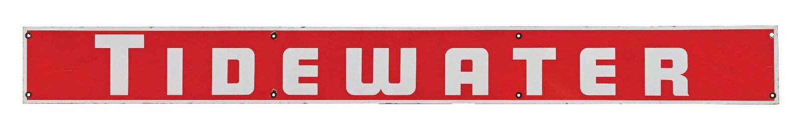 TIDEWATER PORCELAIN STRIP SIGN: SSP. C. 1940s. CONDITION: Excellent color and gloss throughout, showing minor surface scratches in the field, but overall excellent. Light chipping at the mounting holes, with minimal wear along the o