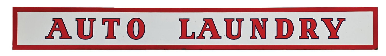 AUTO LAUNDRY PORCELAIN STRIP SIGN: SSP. C. 1930s. CONDITION: Excellent color and gloss throughout the field, showing no areas of field chipping. Sign shows a cookie cutter outer edge, with just a few minor areas of light chips. A brigh