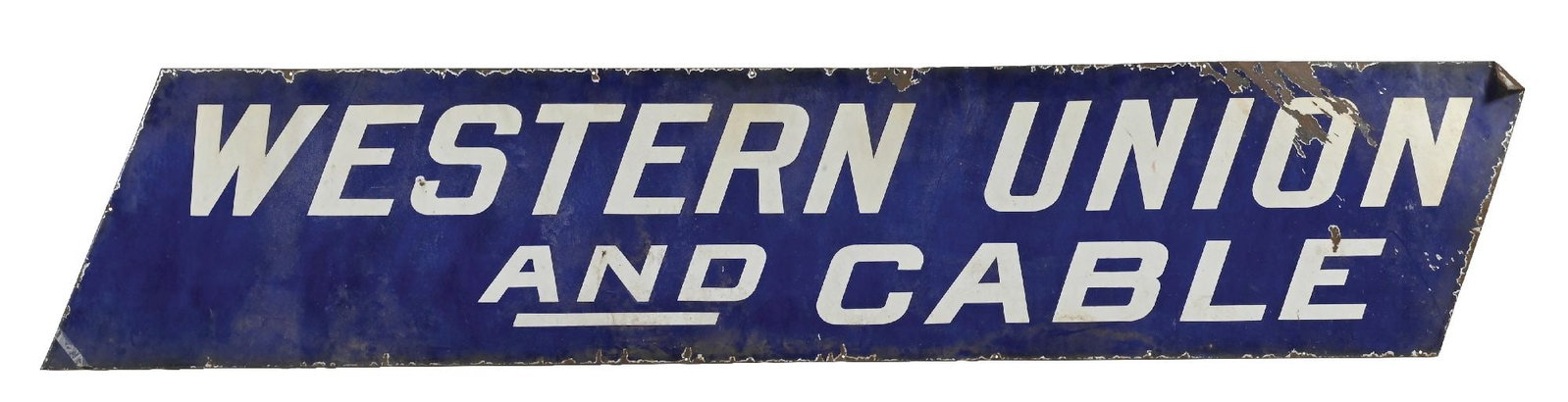 WESTERN UNION AND CABLE PORCELAIN SIGN: SSP. C. 1930s. CONDITION: Showing good color and gloss throughout, with moderate to heavier areas of wear and chipping, mostly in the outer field. Crease at the upper-right edge. Overall bright and gl