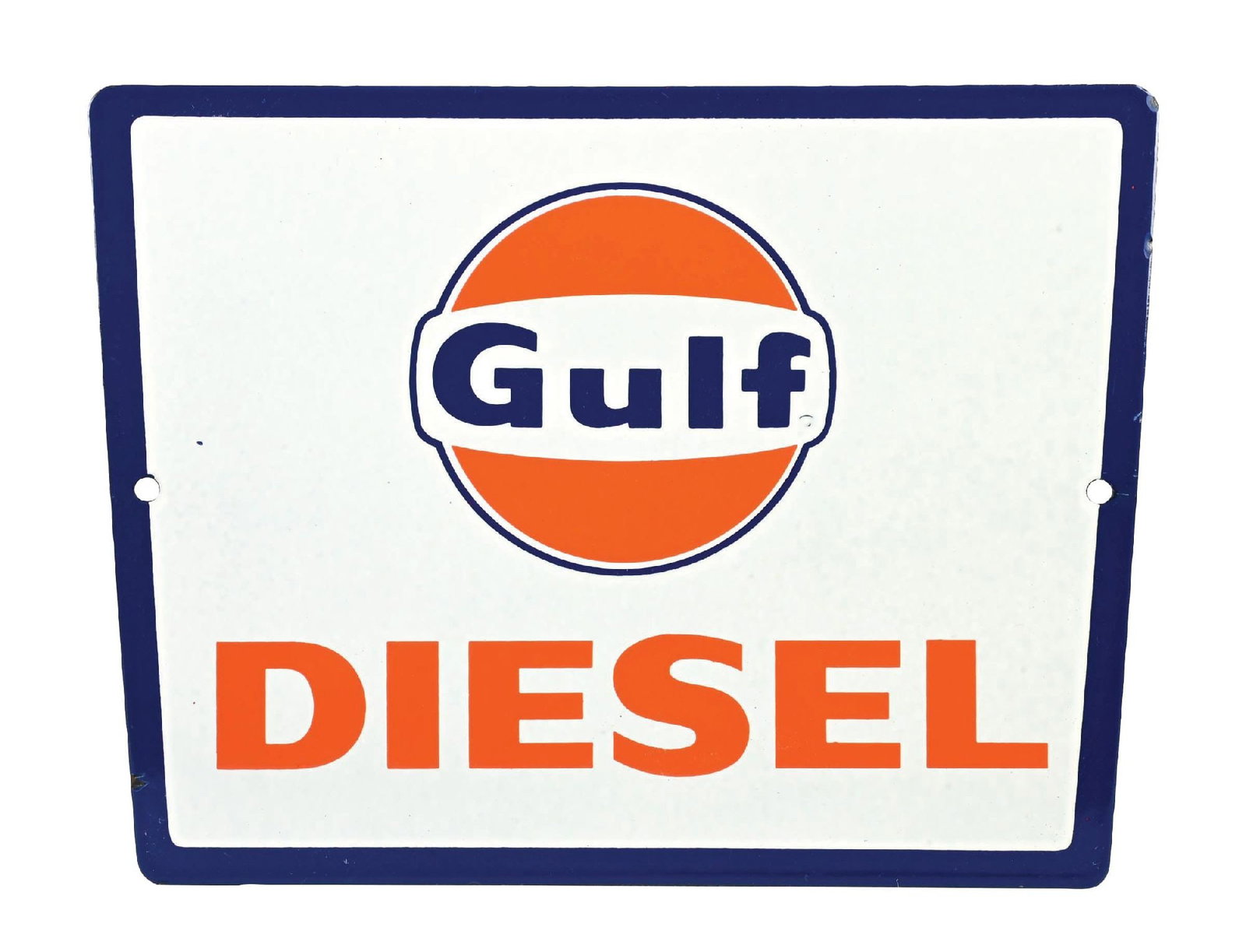 GULF DIESEL PORCELAIN PUMP PLATE SIGN: SSP. C. 1950s. CONDITION: Excellent color and gloss throughout the feed, showing clean script and Gulf graphic. Mounting holes in outstanding condition, with one minor nick at the left edge. Overall i