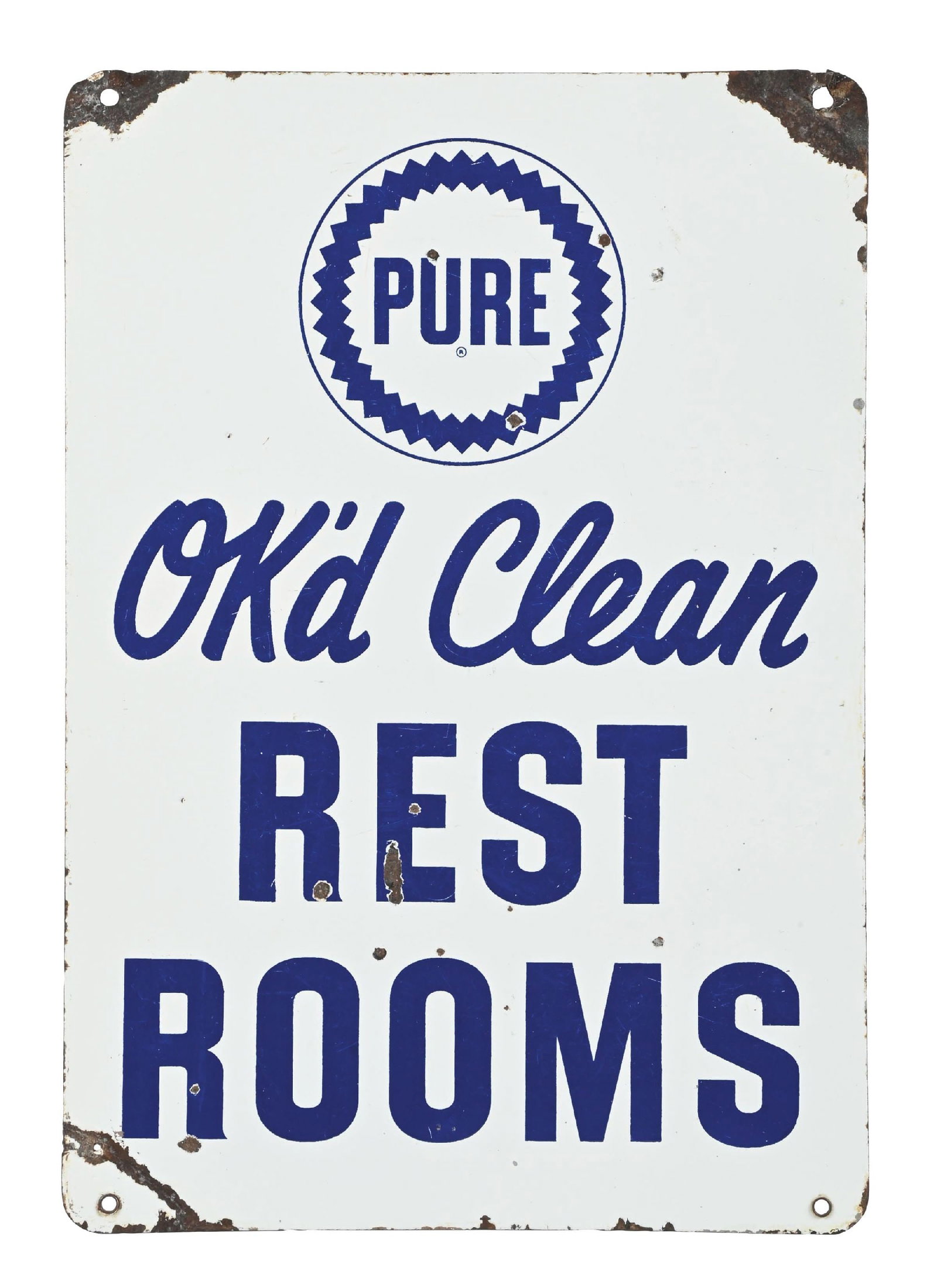 PURE OK'D CLEAN REST ROOMS PORCELAIN SIGN: DSP. C. 1950s. CONDITION: Each side showing excellent color and gloss, with moderate to heavier chipping in the outer fields and along the outer edges. Graphic and script showing only light chips. Con