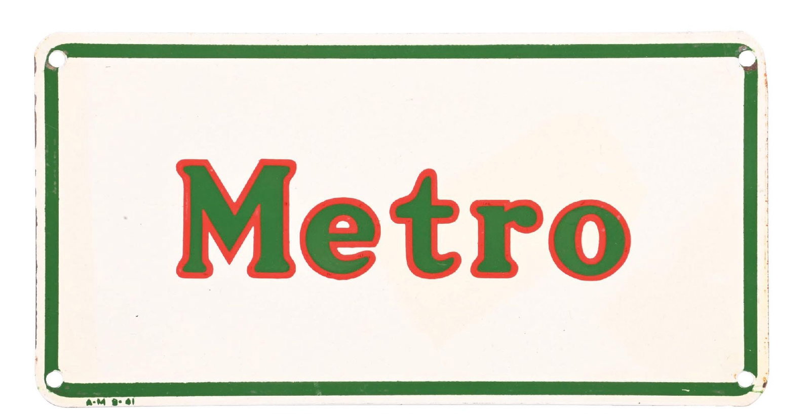 METRO GASOLINE TIN PUMP PLATE SIGN: SST. Maker Marked A.M. and Dated 1941. CONDITION: Outstanding color and gloss, showing only minimal surface wear in the field. Light nicks at the mounting holes and minimal wear along the edges. An ex