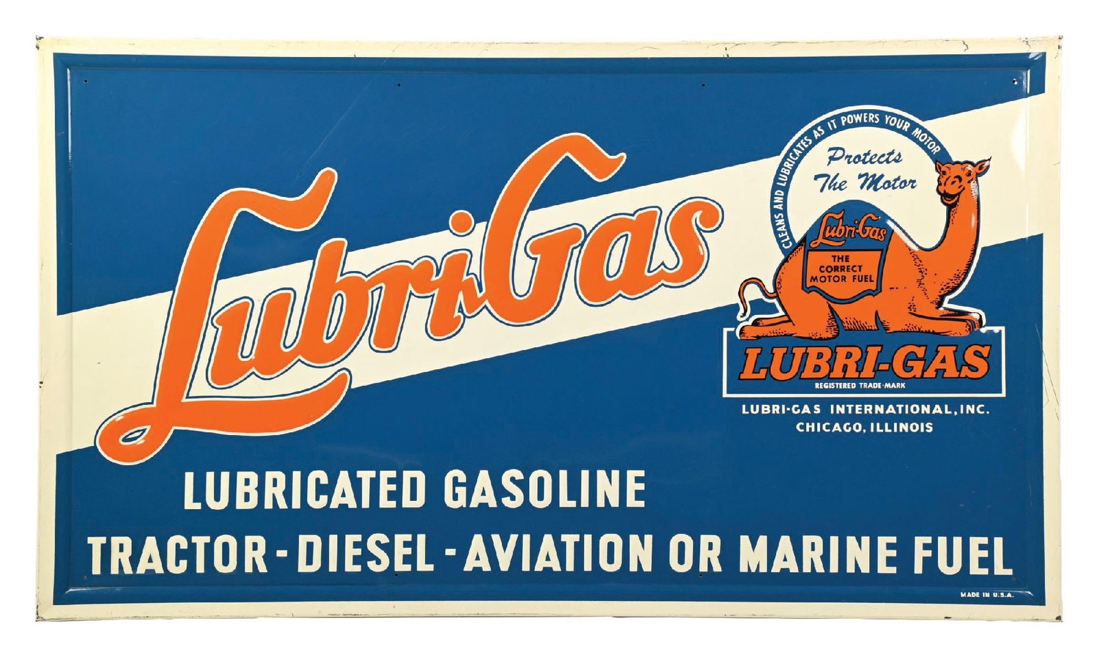 LUBRIGAS GASOLINE EMBOSSED TIN SIGN WITH CAMEL GRAPHIC AGS 88: SST. C. 1950s. CONDITION: Sign shows outstanding color and gloss throughout with minimal areas of light surface scratches in the outer fields. Graphic and lettering are in excellent condition. Self-fr