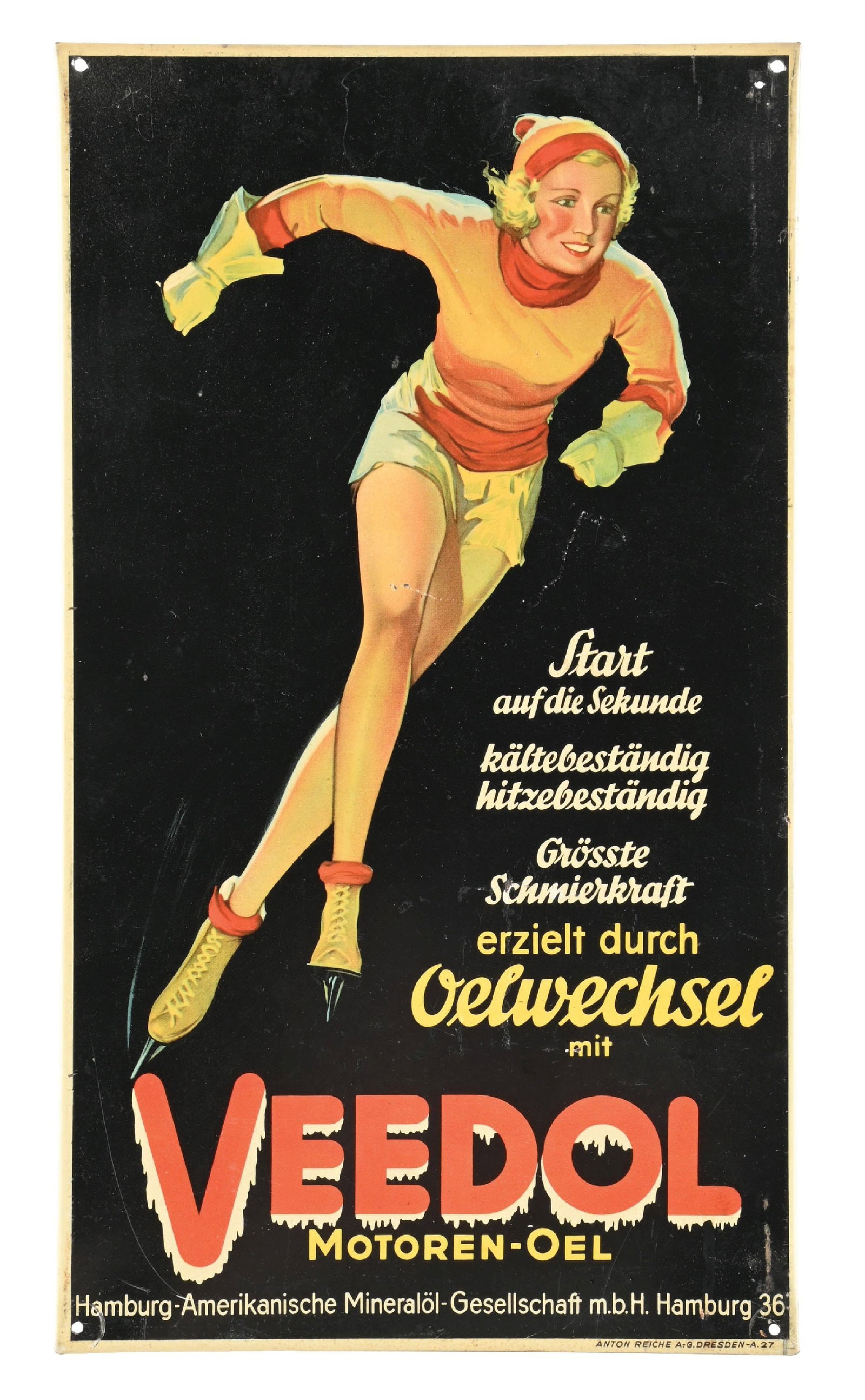 VEEDOL MOTOR OIL TIN SIGN W/ SKATER GIRL GRAPHIC (1 of 3)