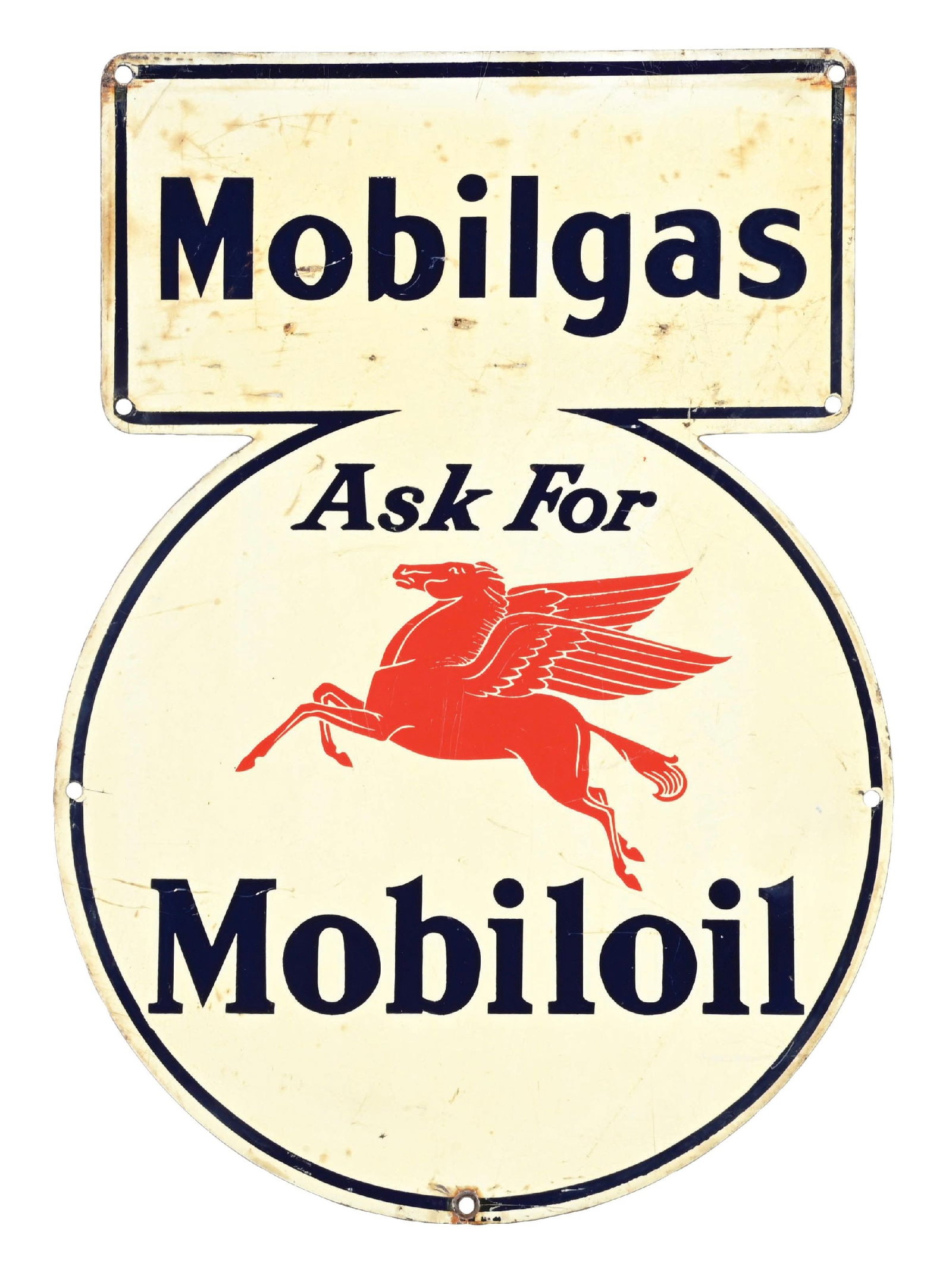 MOBILGAS ASK FOR MOBILOIL TIN PUMP PLATE SIGN: SST. Maker Marked A.M. Dated 1941. CONDITION: Sign shows very good color and gloss with some moderate surface scratching, as well as some minor discoloration. Minor mounting hole wear with light paint