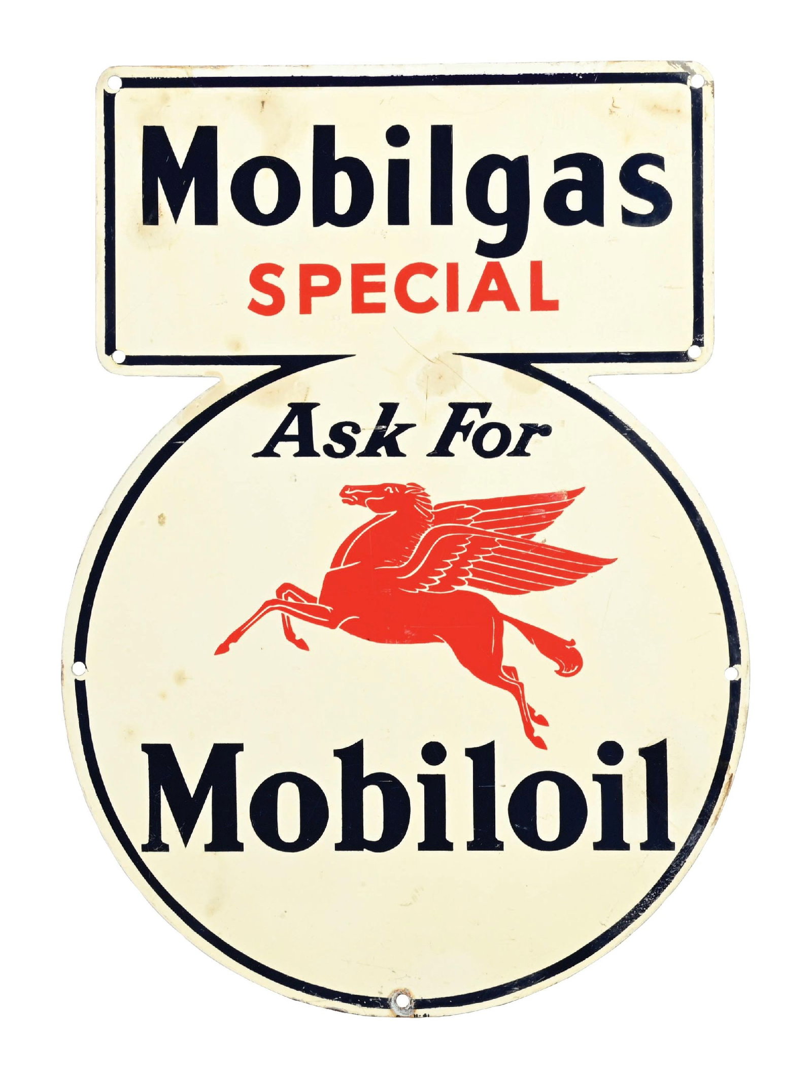 MOBILGAS SPECIAL ASK FOR MOBILOIL TIN PUMP PLATE SIGN: SST. Maker Marked A.M. Dated 1941. CONDITION: Sign shows very good color and gloss, with some moderate surface scratching as well as some minor discoloration and age spotting. Minor mounting hole wear