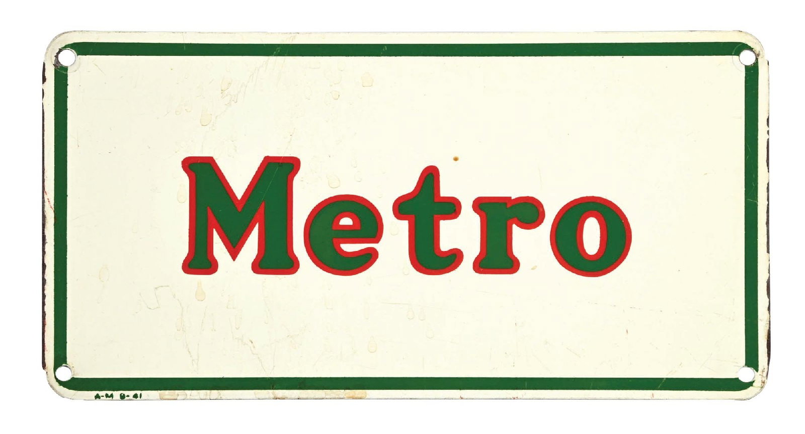 METRO GASOLINE TIN PUMP PLATE SIGN: SST. CONDITION: Excellent color and gloss, showing minor surface scratches in the field as well as some light staining. Minimal mounting hole wear with light paint wear along the outer edges. Conditio