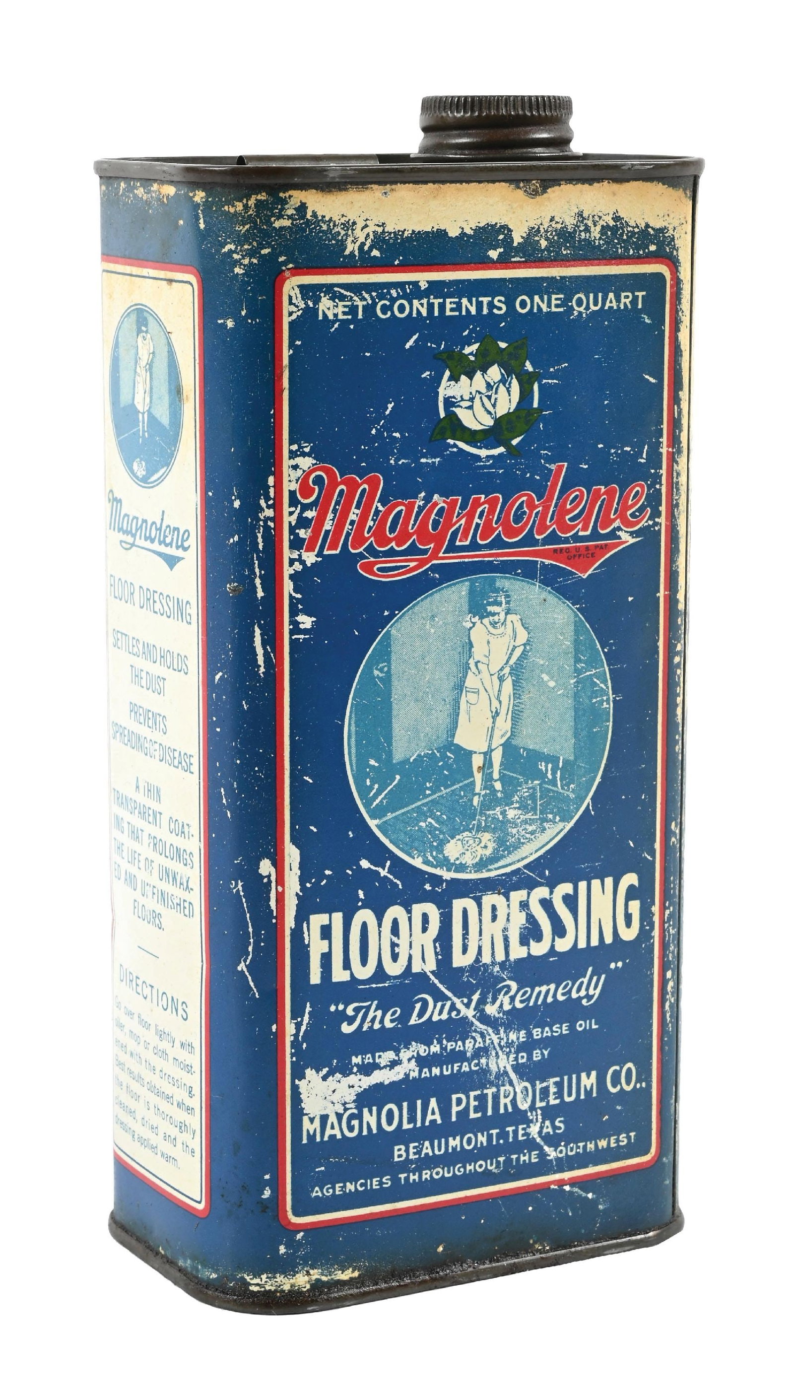 RARE MAGNOLIA MAGNOLENE FLOOR DRESSING "THE DUST REMEDY" ONE QUART CAN: One Quart Can. Magnolia Petroleum Company, Beaumont, Texas. CONDITION: Showing bright color and gloss throughout, with minor areas of scratching and surface wear. Very good condition graphic on each s