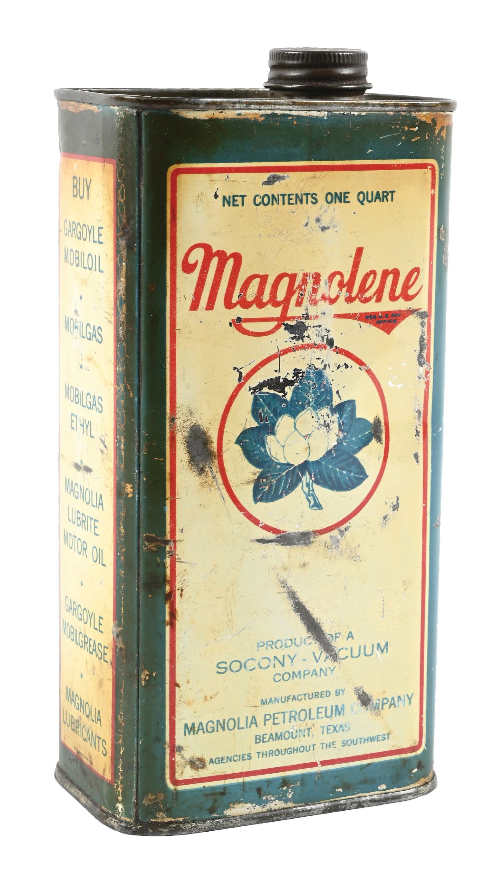 RARE MAGNOLIA MAGNOLENE CREAM SEPARATOR OIL ONE QUART CAN: One Quart Can. Magnolia Petroleum Company, Beaumont, Texas. CONDITION: Overall fair, showing general age wear with early Magnolia graphic. Can is dent-free and shows original cap. Should improve with 