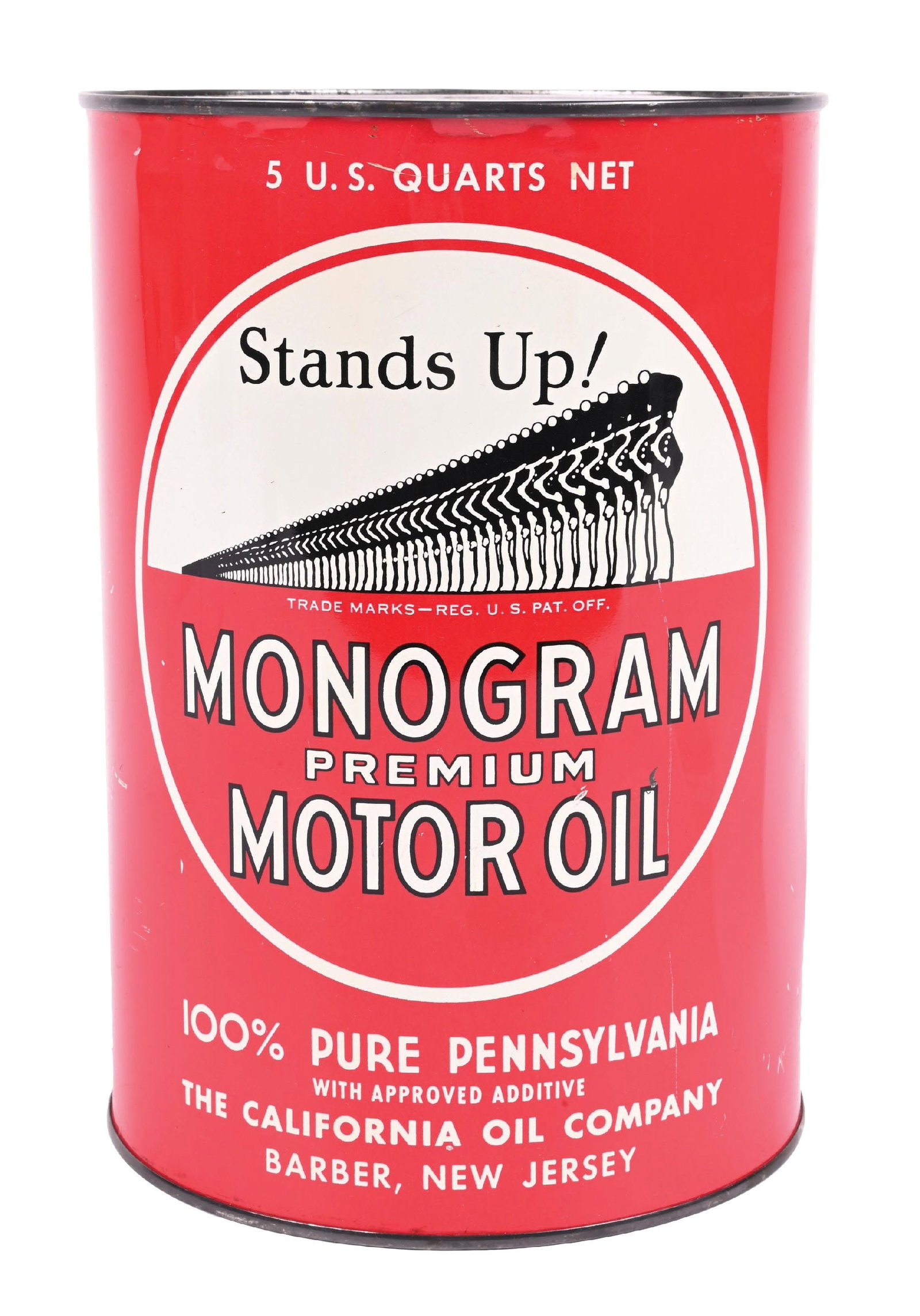 MONOGRAM MOTOR OIL FIVE QUART CAN: Five Quart Can. C. 1940s. CONDITION: Excellent color and gloss throughout, showing minor areas of light surface wear in the outer fields. Excellent condition seam and rims with minor dent on the backs