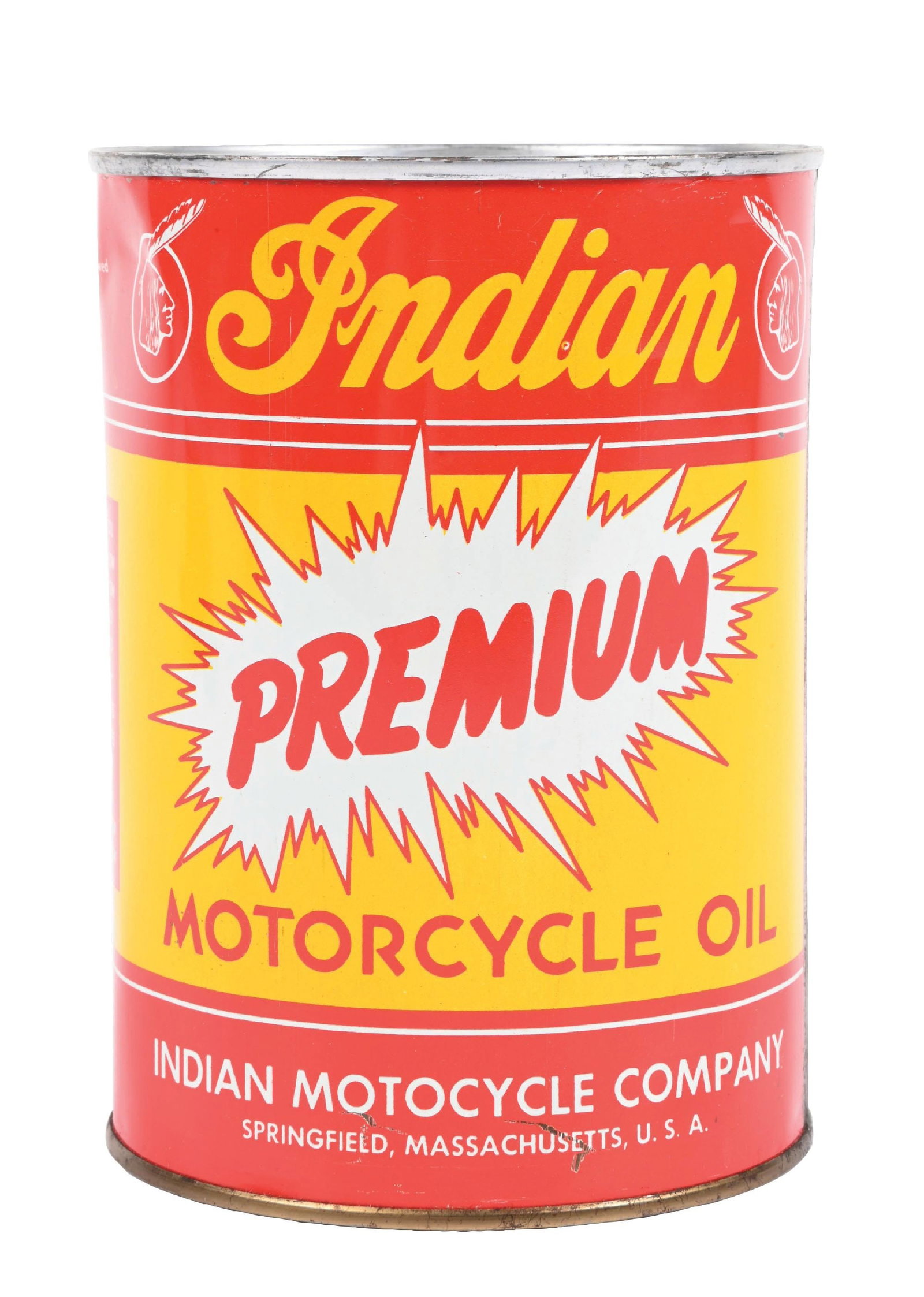 INDIAN PREMIUM MOTORCYCLE OIL ONE QUART CAN: One Quart Can. C. 1950s. CONDITION: Excellent color and gloss with two areas of denting near the upper and lower rims. Minor areas of light surface scratches in the outer field. Rims are in excellent 