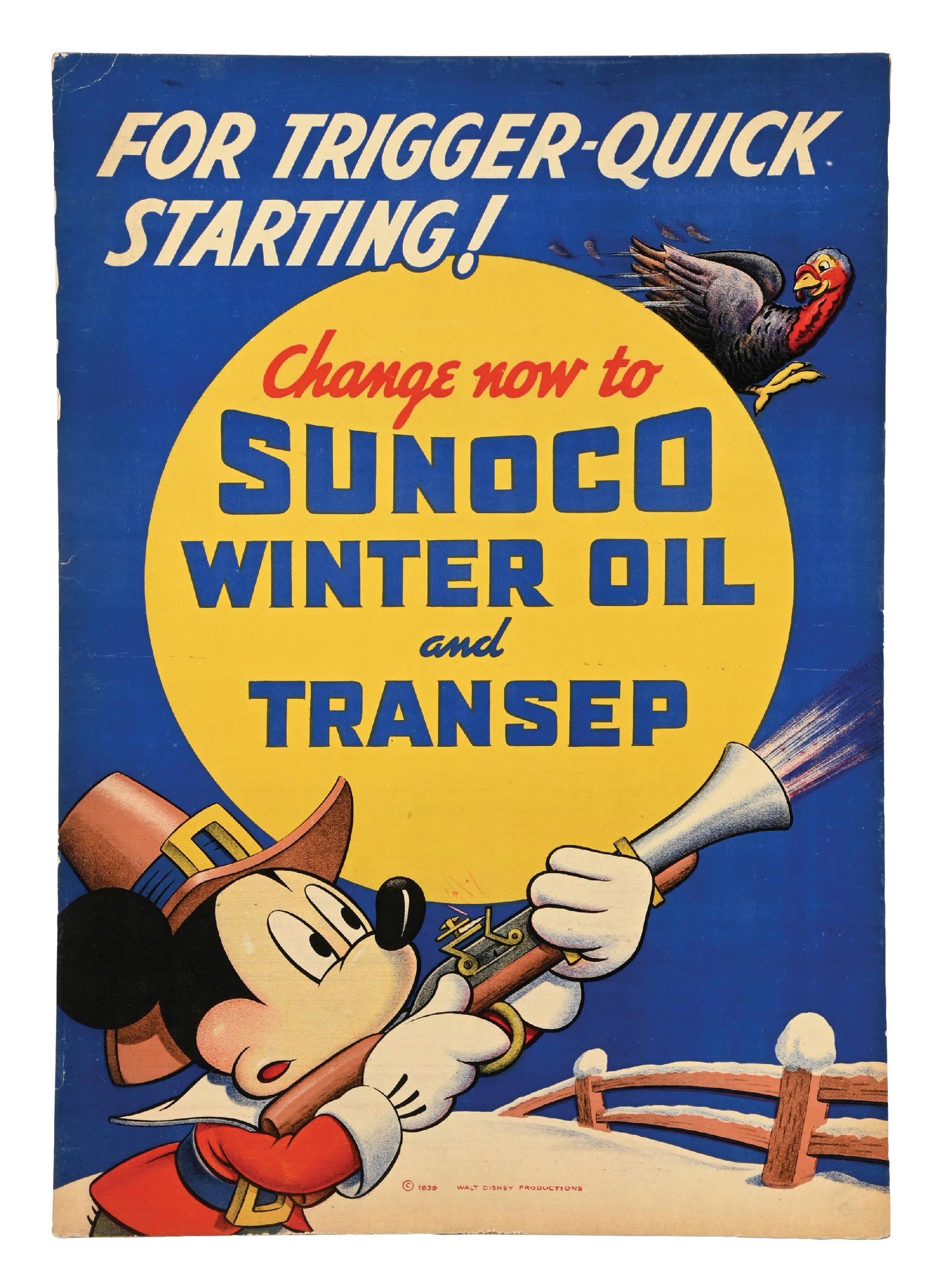 RARE SUNOCO WINTER OIL SERVICE STATION POSTER W/ MICKEY MOUSE GRAPHIC (1 of 3)