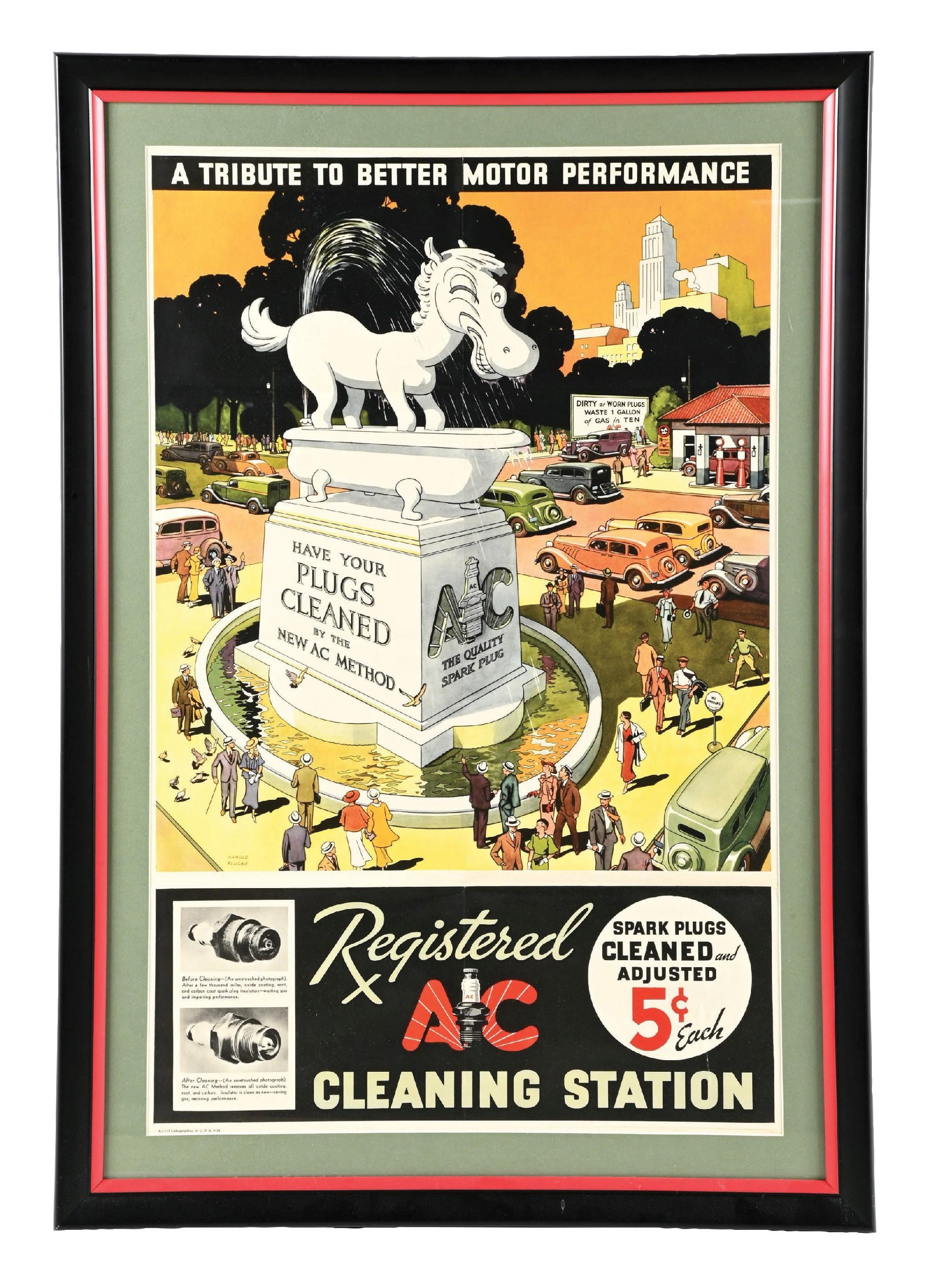 AC SPARK PLUGS REGISTERED CLEANING STATION FRAMED PAPER POSTER: Single-Sided Framed Poster. C. 1930s. CONDITION: Poster is in outstanding original condition, showing excellent color and gloss with very limited age wear. Poster showing a city scene with large Spark