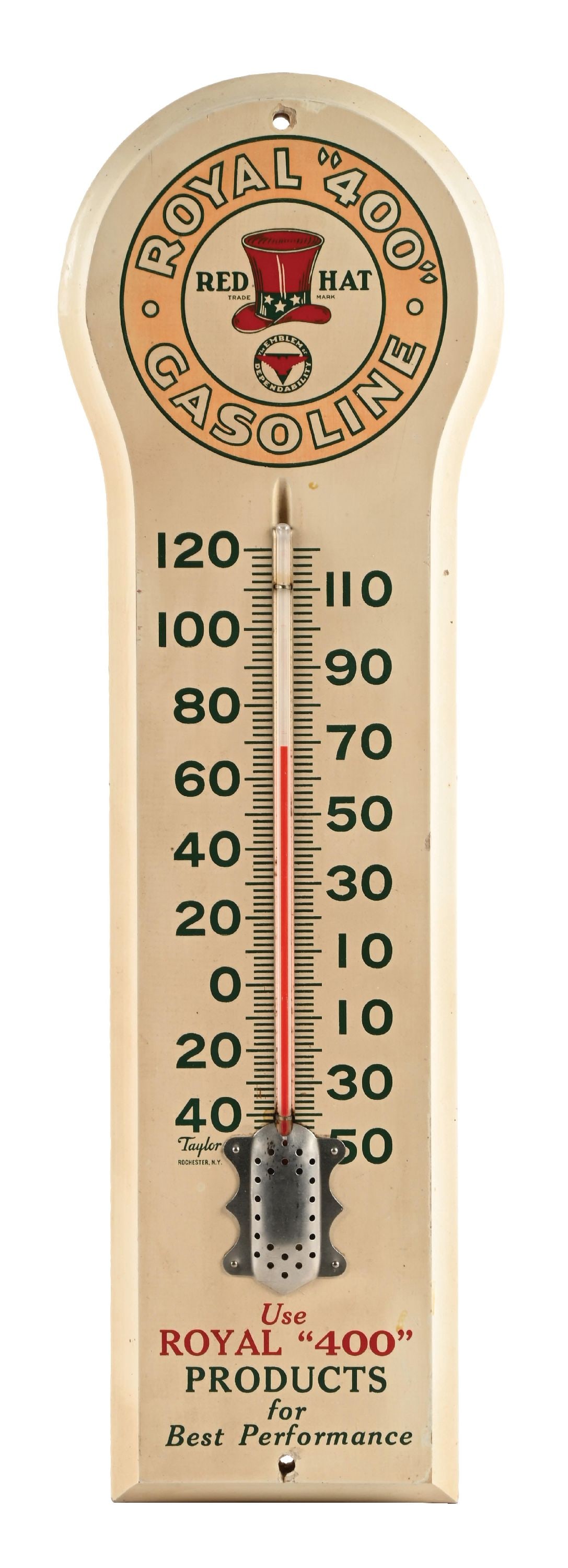 VERY RARE RED HAT ROYAL "400" GASOLINE SERVICE STATION THERMOMETER: Single-Sided Wooden Thermometer. Marked "Taylor". C. 1920s. CONDITION: Incredibly clean, the finest example we have sold. Brilliant color and gloss throughout, appearing to possibly be NOS showing ext