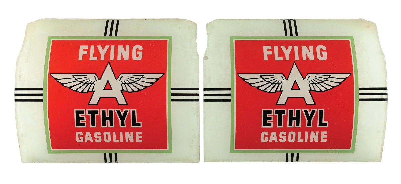 COLLECTION OF 2: FLYING A ETHYL GASOLINE NATIONAL AD GLASS PANELS: Set of Two. CONDITION: Each showing good color and gloss throughout the graphic with moderate areas of staining in the outer fields. Areas of wear and paint loss along the outer edge of each showing c