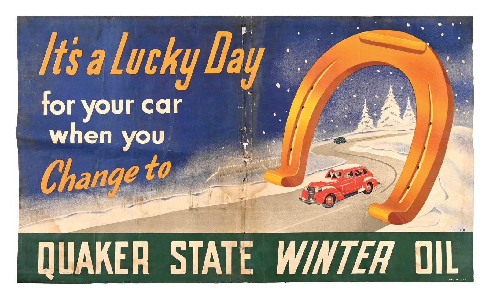 IT'S A LUCKY DAY FOR YOUR CAR WHEN YOU CHANGE TO QUAKER STATE MOTOR OIL CARDSTOCK POSTER. (1 of 3)
