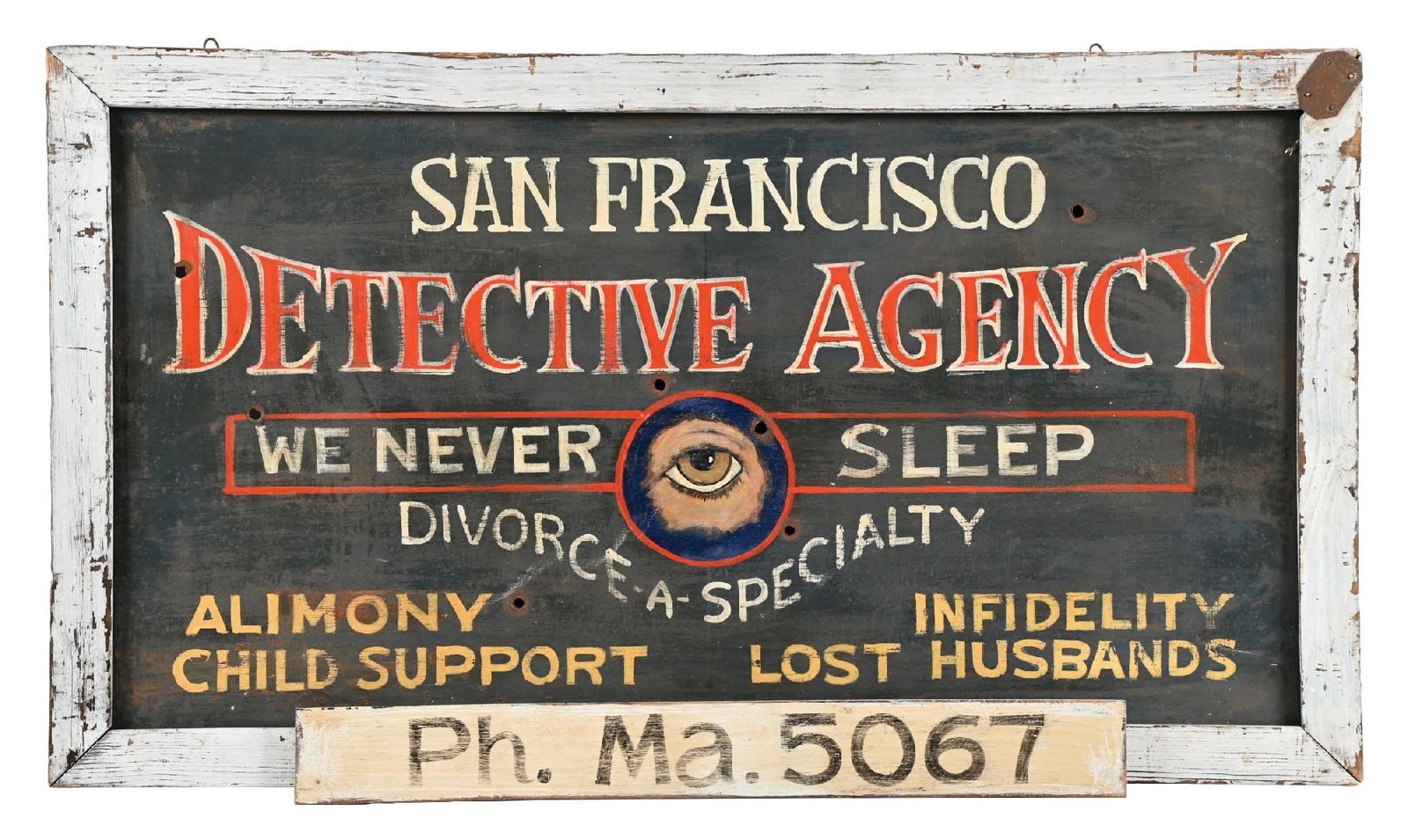 SAN FRANCISCO DETECTIVE AGENCY "WE NEVER SLEEP" FRAMED TIN CONTEMPORARY SIGN (1 of 2)