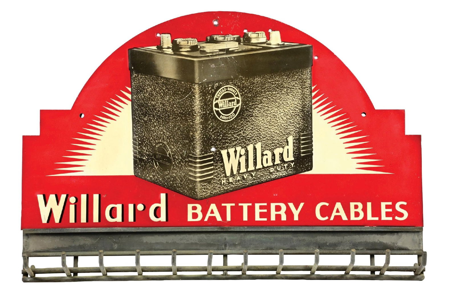 WILLARD BATTERY CABLES EMBOSSED TIN WALL RACK W/ BATTERY GRAPHIC: SST. C. 1950s. CONDITION: Excellent color and gloss throughout, showing clean battery graphic. One added mounting hole in the field, as well as along few along the upper edge. Minor areas of light sur