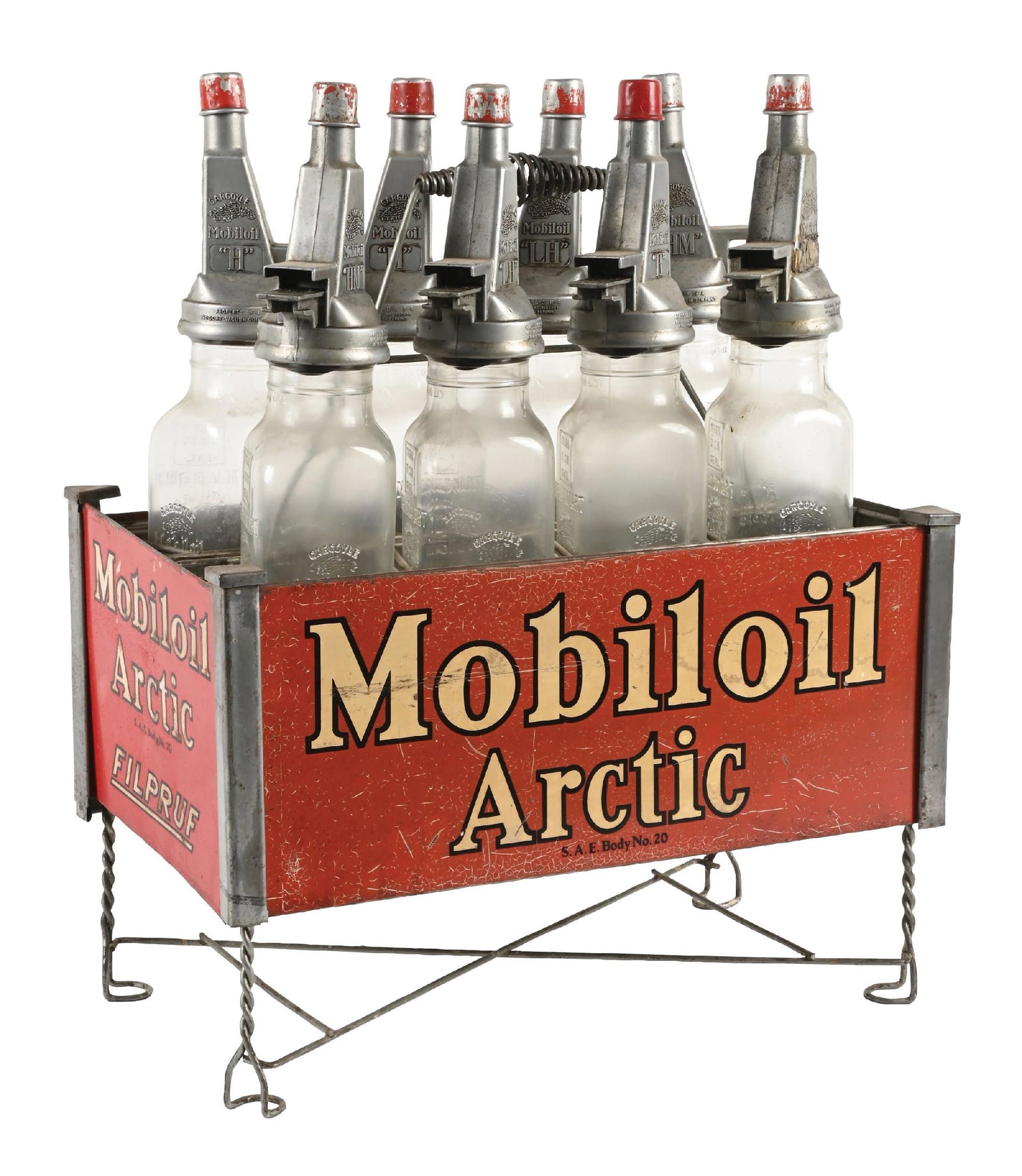 MOBILOIL ARCTIC BOTTLE RACK W/ ORIGINAL FILPRUF GLASS BOTTLES (1 of 4)