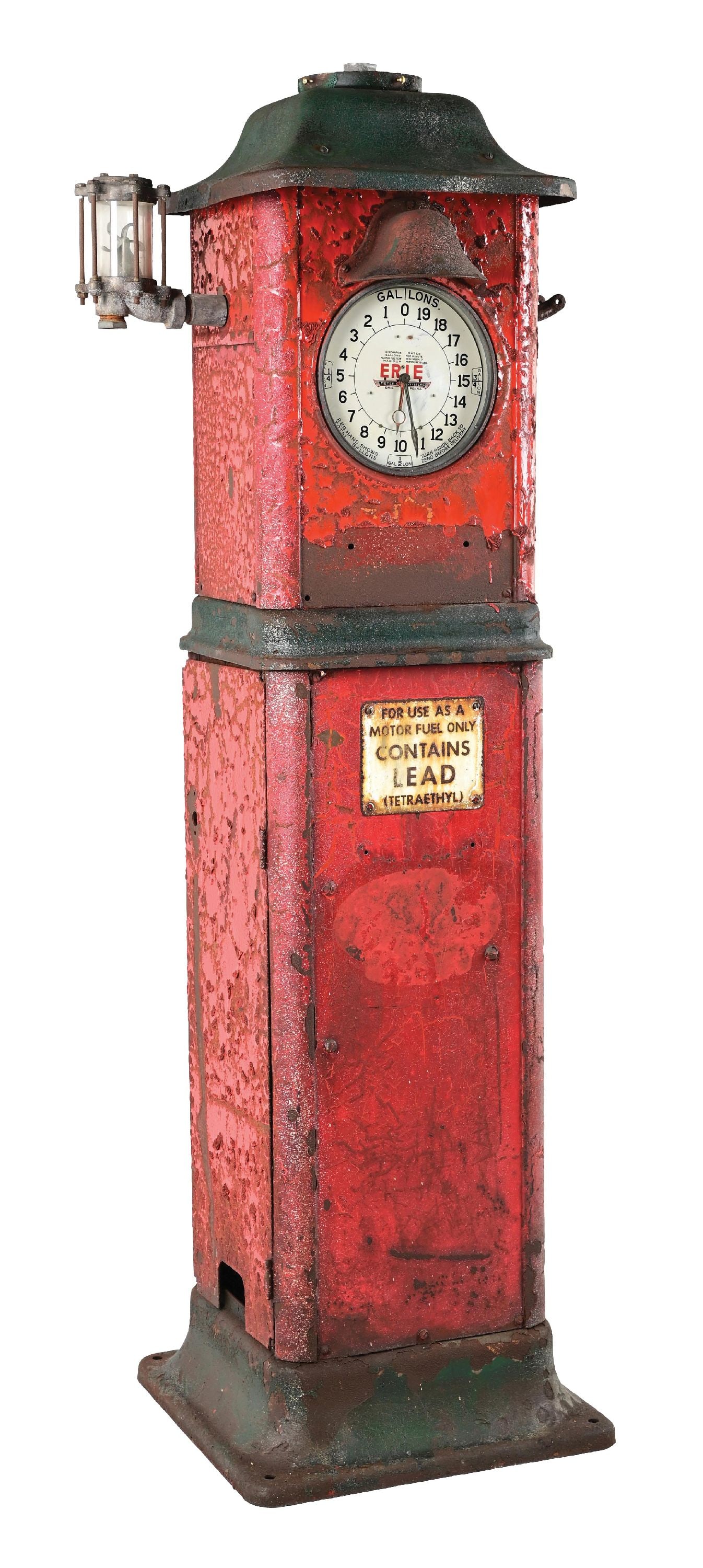 ERIE MODEL #753 GAS PUMP: C. 1930. CONDITION: Pump shows an incredible original patina throughout the surface of all sides with crazed red and green paint throughout. Pump is free of any body damage and is in all-original, as-