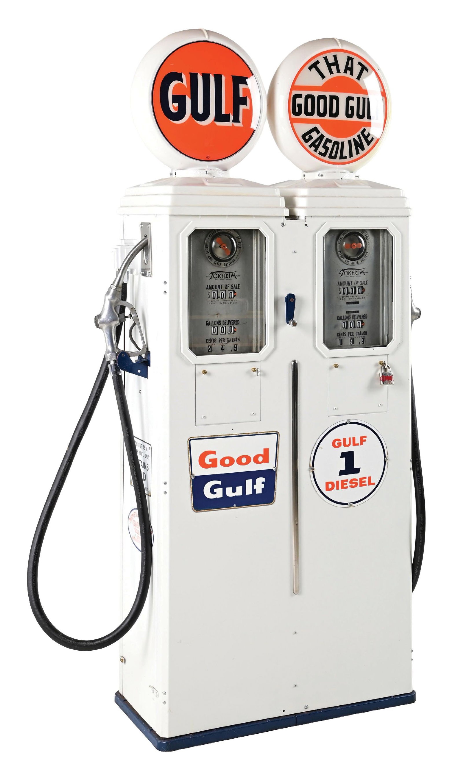 TOKHEIM TWIN CLOCK FACE GAS PUMP RESTORED IN GULF GASOLINE (1 of 6)