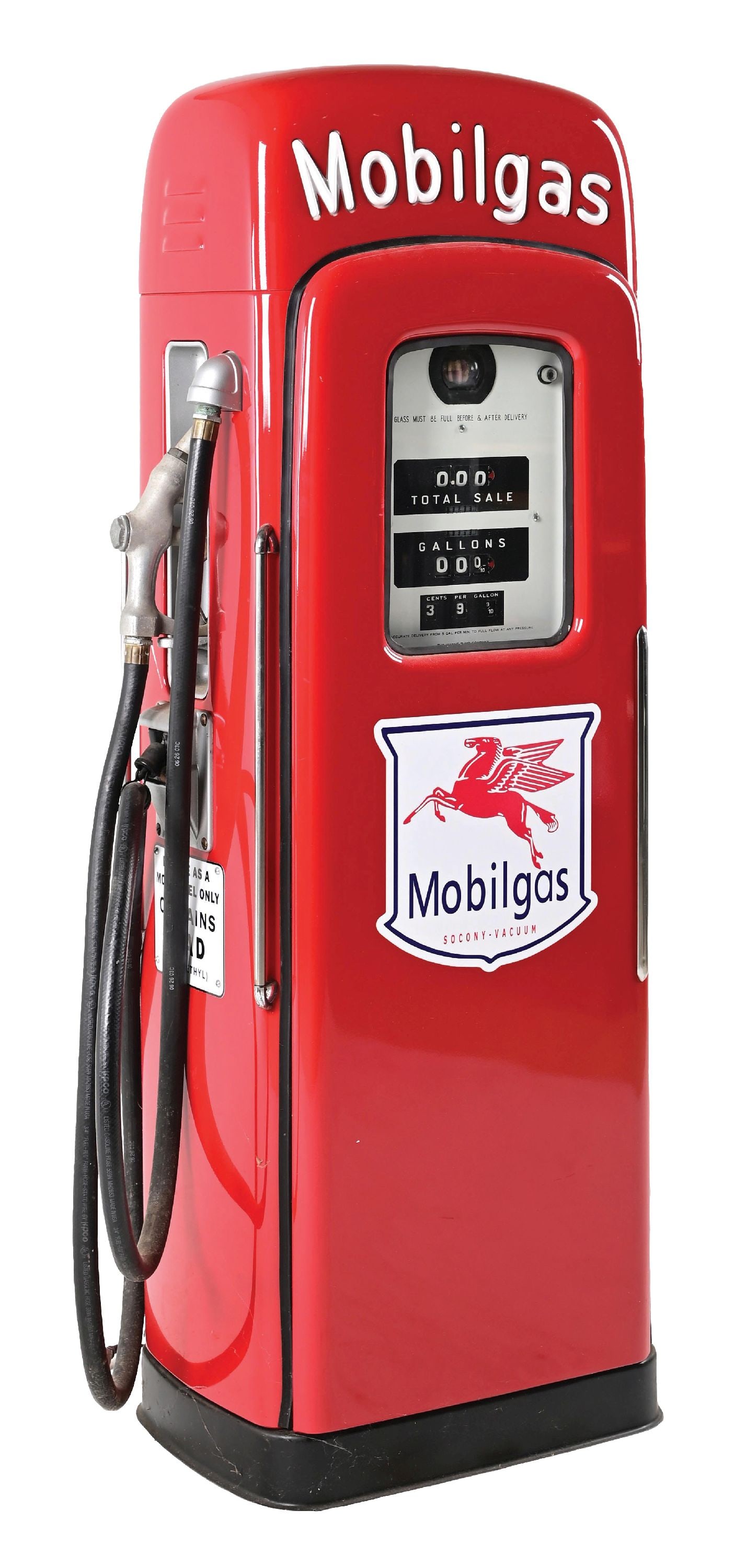WAYNE SCRIPTOP GAS PUMP MODEL 80 RETSORED IN MOBIL GAS: CONDITION: Showing an excellent restoration done in Mobilgas showing Mobil shield decals with reproduction script top. Excellent condition paint throughout with black hose and nozzle intact. Excellent