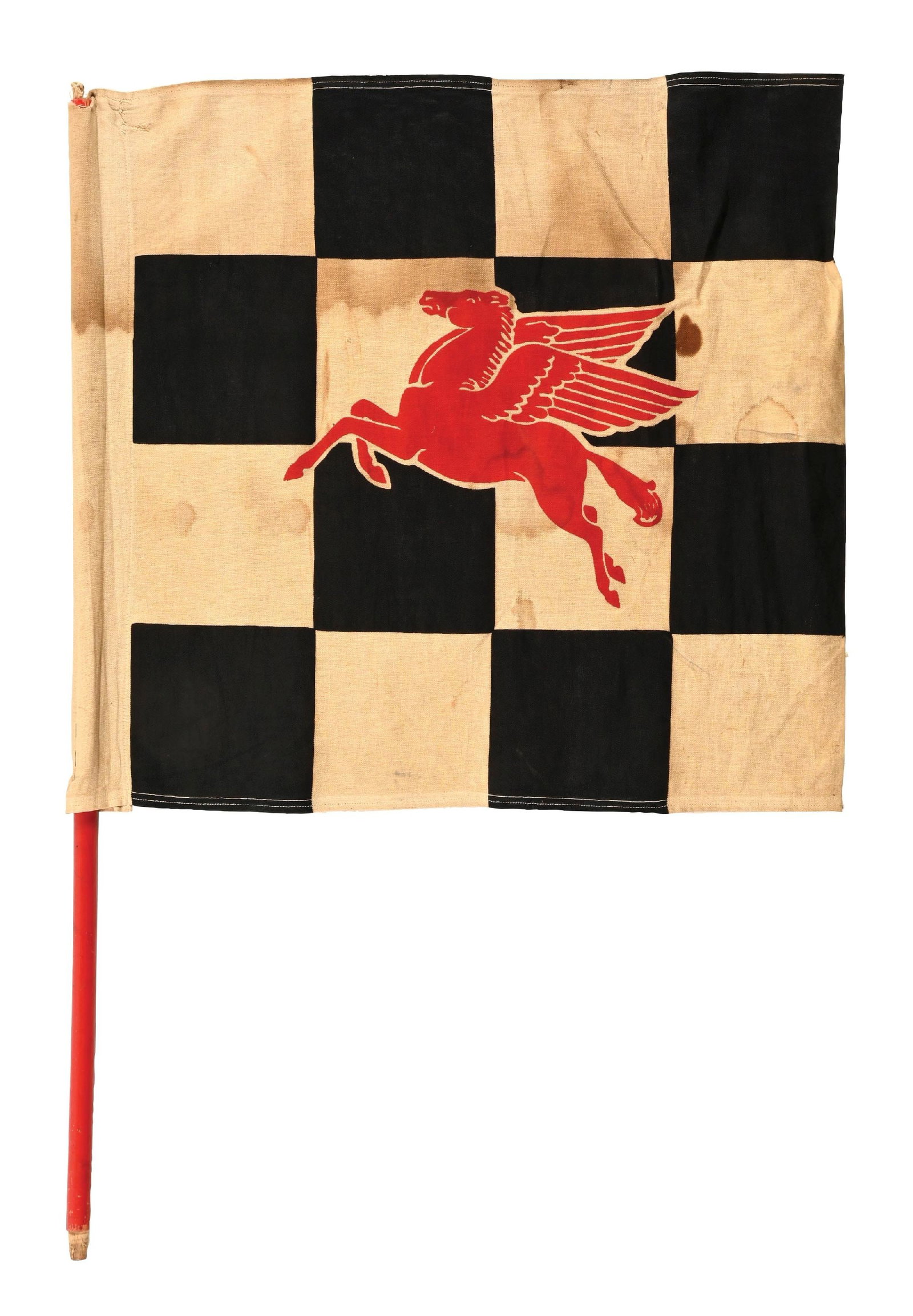 ORIGINAL MOBILGAS CLOTH CHECKERED FLAG W/ PEGASUS GRAPHIC: Double-Sided Cloth Flag with Original Wooden Display Rod. C. 1950s. CONDITION: Original throughout showing an excellent patina with no heavy damage. Pegasus is in excellent condition with some areas o