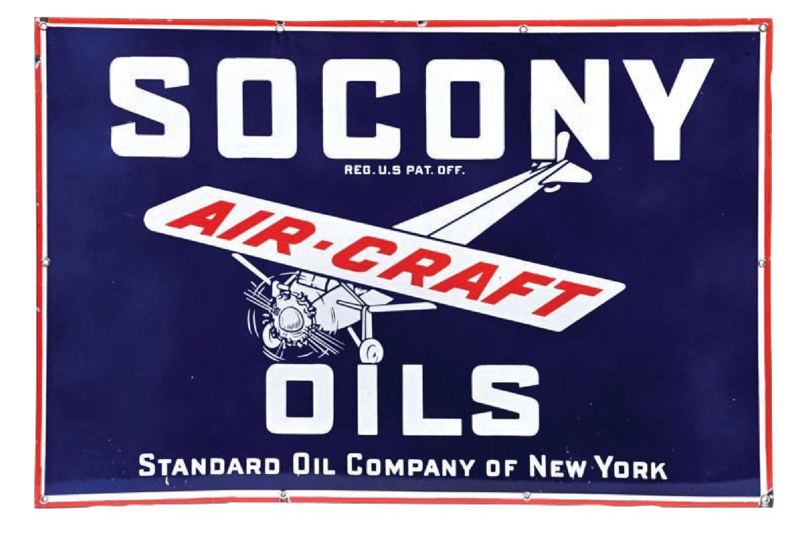 OUTSTANDING SOCONY AIRCRAFT OILS PORCELAIN SIGN WITH AIRPLANE GRAPHIC: SSP. C. 1930s. An incredibly clean example of this iconic sign from Standard Oil. CONDITION: Brilliant color and gloss throughout, showing no field chips with only minimal areas of light surface scrat