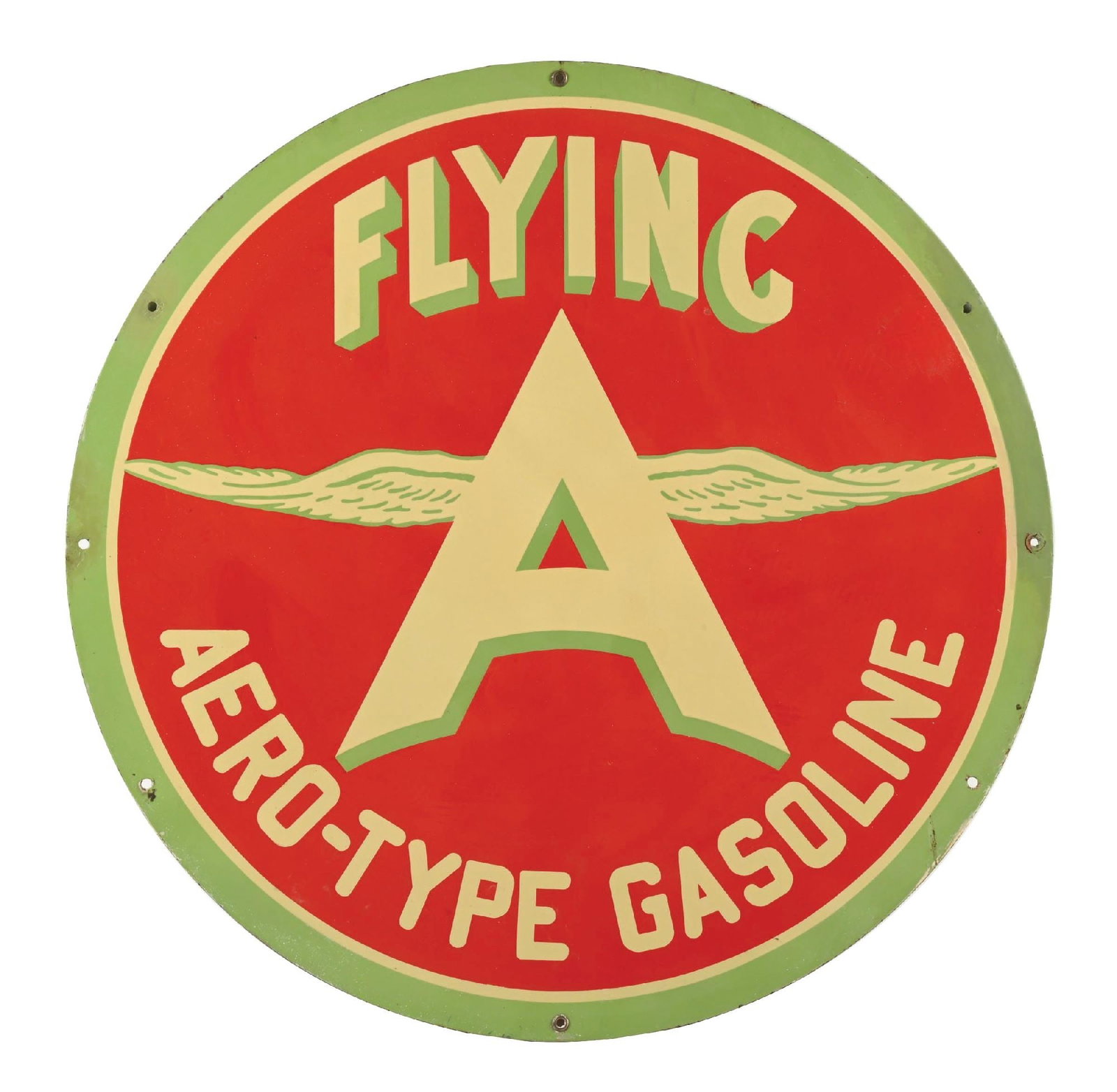 FLYING A AERO-TYPE GASOLINE PORCELAIN SIGN: DSP. C. 1930s. CONDITION: Side one showing very good color and gloss with areas of light surface scratching as well as some areas of cloudiness spotting. Side one showing repaired chips at the mountin
