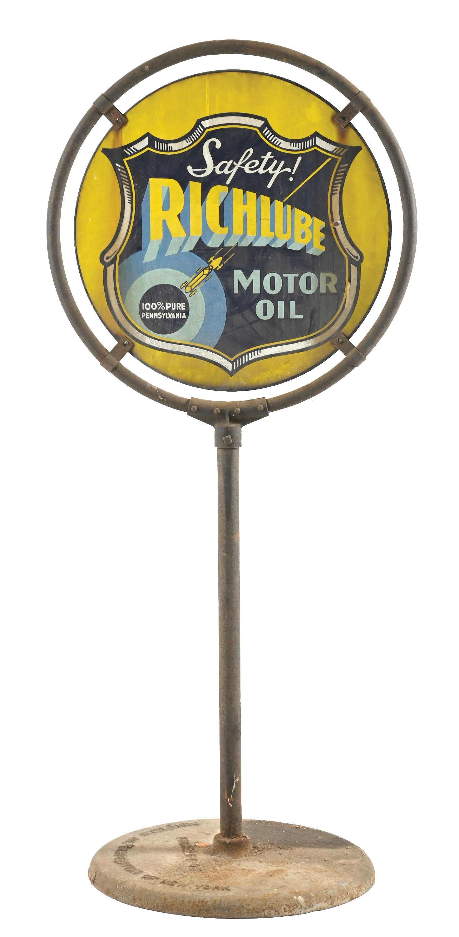 RICHLUBE MOTOR OIL PORCELAIN SIGN WITH ORIGINAL RING & BASE (1 of 4)