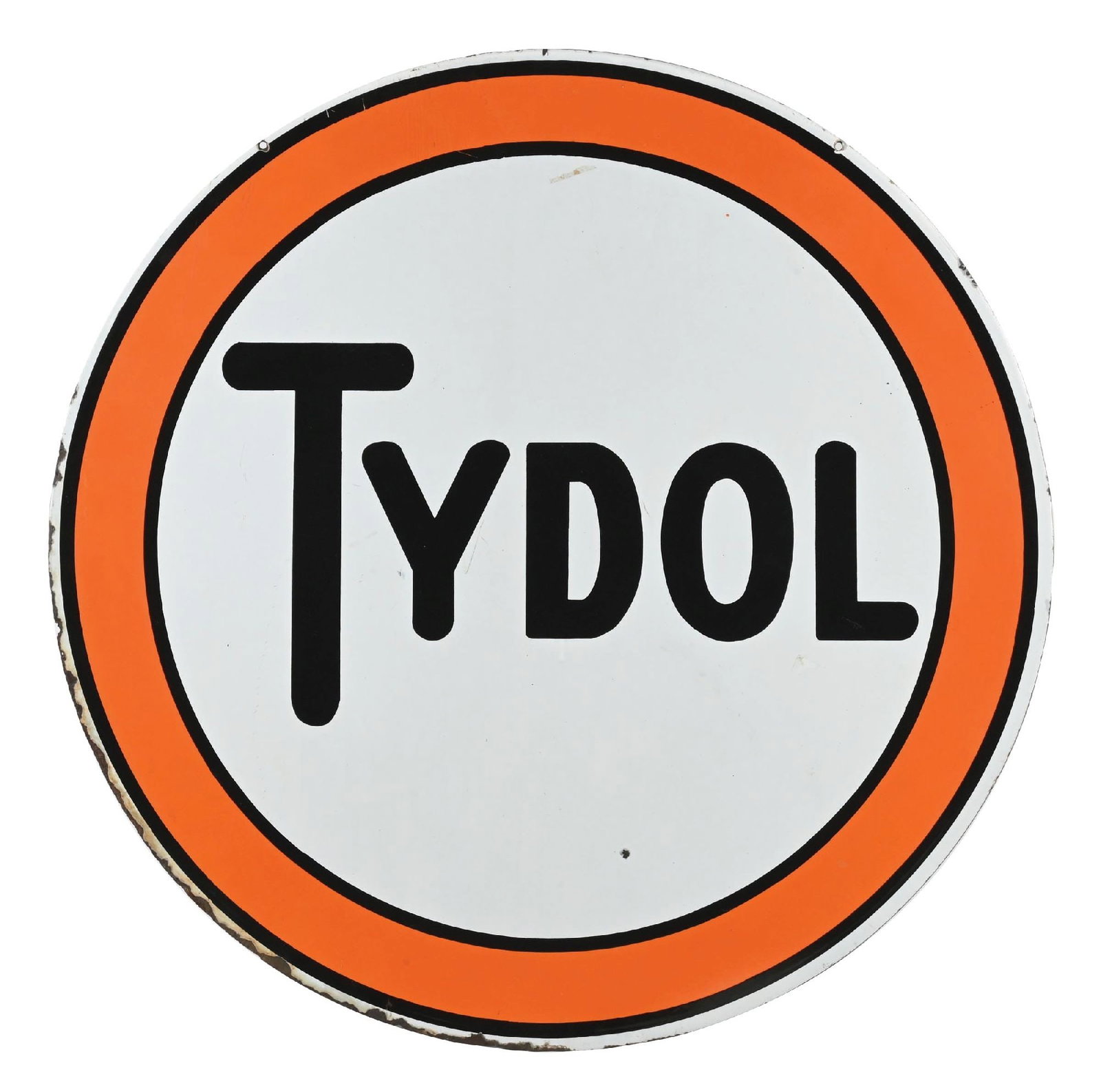 TYDOL GASOLINE PORCELAIN SERVICE STATION SIGN: DSP. C. 1930s. CONDITION: Showing bright color and gloss throughout each side with minor areas of field chipping on each side, as well as some areas of surface scratches. Sign shows light chips at the
