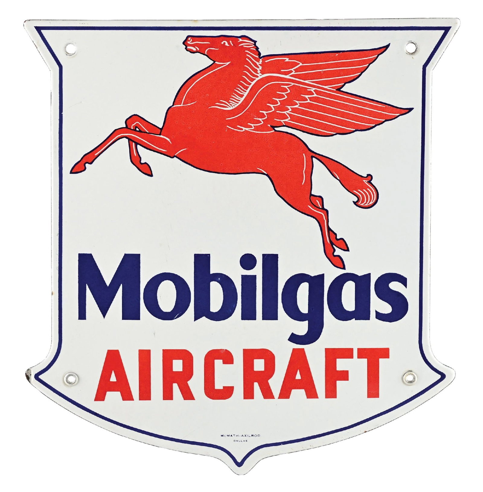 MOBILGAS AIRCRAFT PORCELAIN PUMP PLATE SIGN WITH PEGASUS GRAPHIC: SSP. C. 1950s. Maker marked McMath-Axilrod, Dallas, TX. CONDITION: Excellent color and gloss throughout showing only minor areas of light surface wear in the field with some light scratching and disco