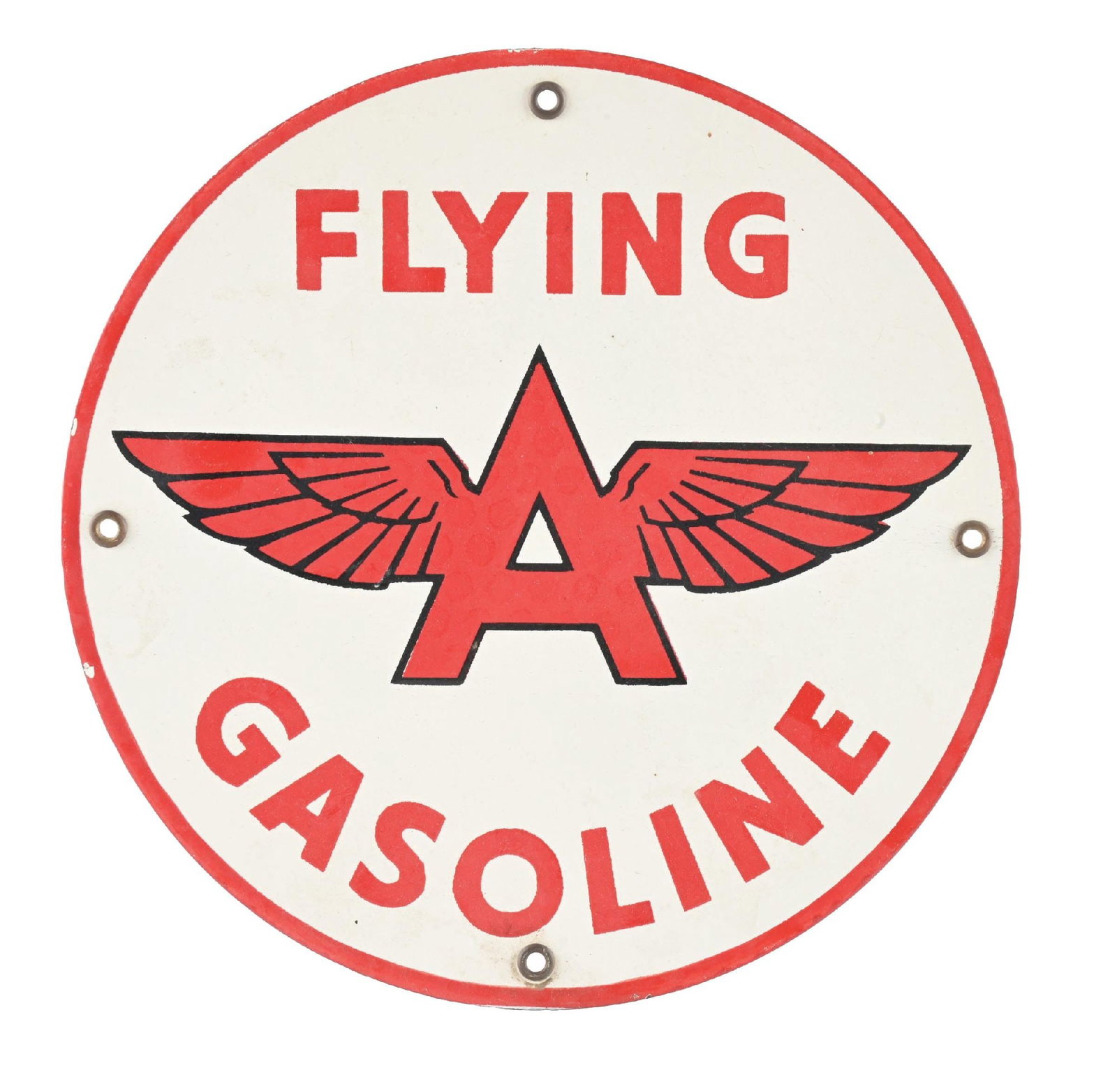 FLYING A GASOLINE PORCELAIN PUMP PLATE SIGN: SSP. C. 1950s. CONDITION: Excellent color and gloss, showing no field chipping. Minimal wear at the mounting holes as well as some minor nicks along the outer edges. An excellent example. Condition: (