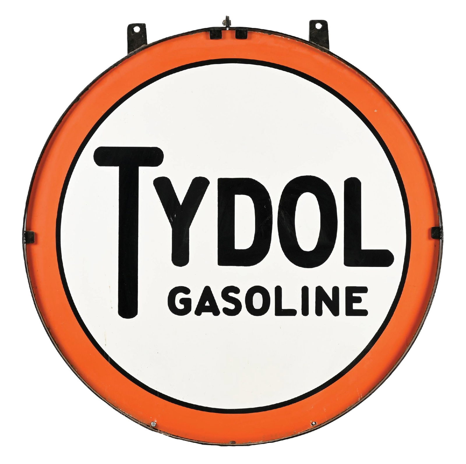 TYDOL GASOLINE PORCELAIN SIGN WITH RING: DSP. C. 1930s. CONDITION: Sign show restoration throughout each side. Excellent color and shine with minimal wear to the restoration. Mounted in a metal ring which displays the sign nicely. This is no