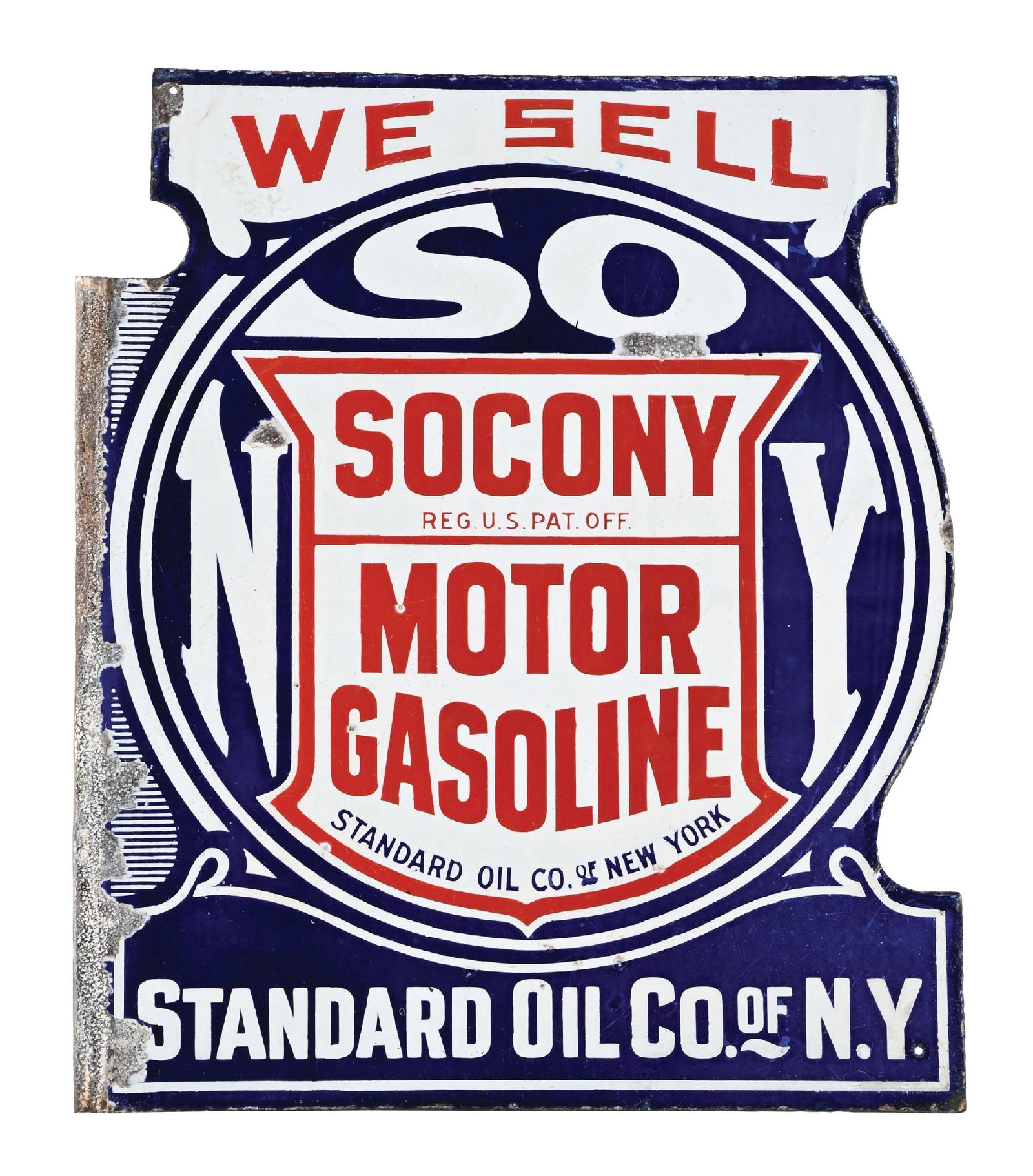 WE SELL SOCONY MOTOR GASOLINE PORCELAIN FLANGE SIGN: DSP. C. 1920s. CONDITION: Each side showing very good color and gloss with moderate chipping in the inner and outer fields. Added holes in the outer field showing heavy chipping at the flange. Conditi