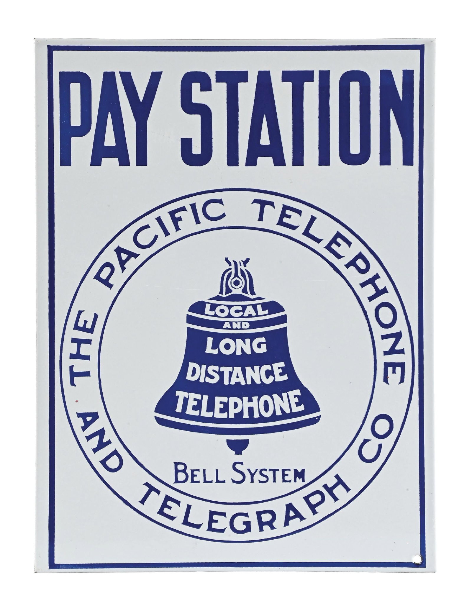 THE PACIFIC TELEPHONE AND TELEGRAPH CO. PAY STATION PORCELAIN FLANGE: DSP. CONDITION: Outstanding throughout, most likely NOS, showing no notable wear to the fields or edges. Very minimal wear at one mounting hole but overall outstanding. Condition: (9.0+). Dimensions: 