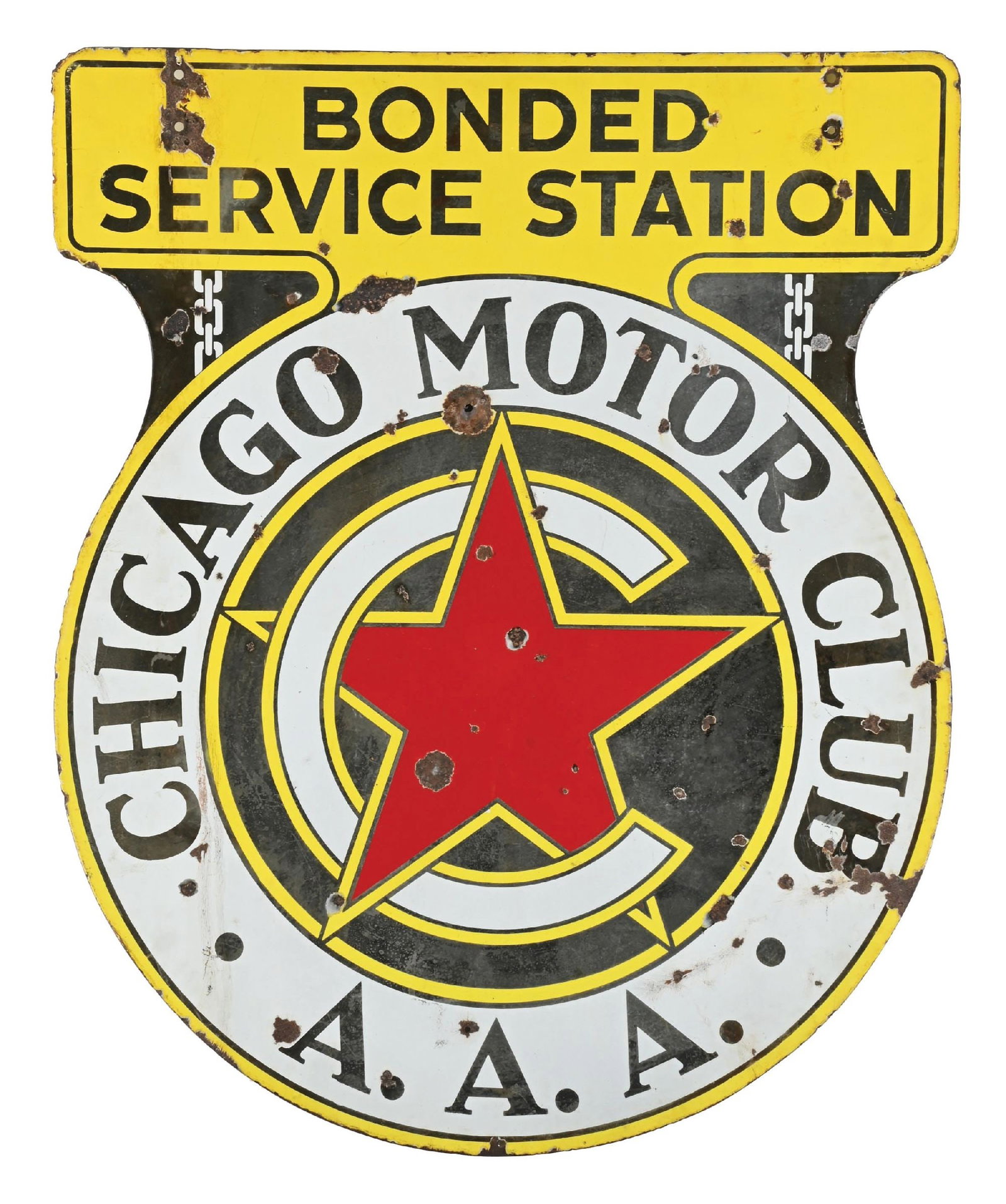 CHICAGO MOTOR CLUB BONDED SERVICE STATION PORCELAIN SIGN: DSP. C. 1930s. CONDITION: Showing moderate to heavy wear throughout each side with chipping, fading and areas of discoloration. Wear and chipping at the mounting holes as well as along the outer edges