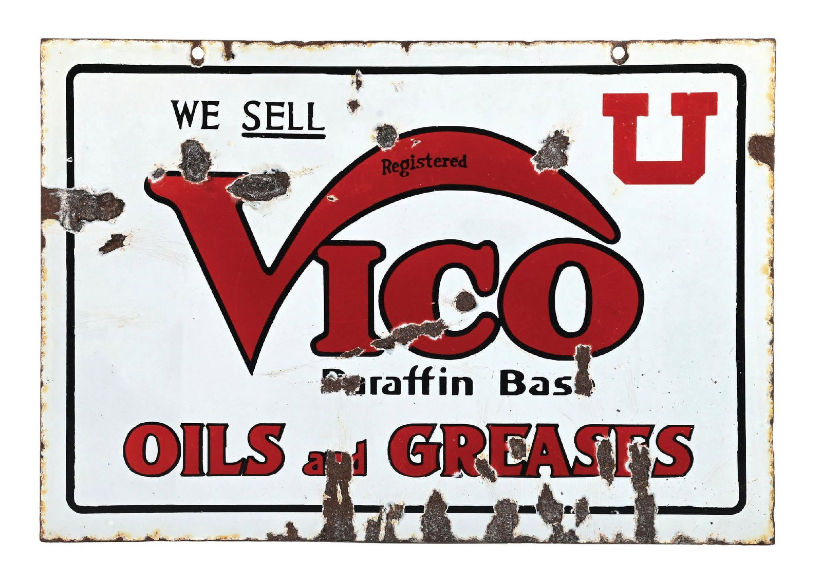 WE SELL VICO OILS AND GREASES PORCELAIN SIGN: DSP. C. 1930s. CONDITION: Showing moderate to heavy chipping throughout each side, with side two showing filler in preparation for restoration. Displays nicely as is or a great candidate for restorati