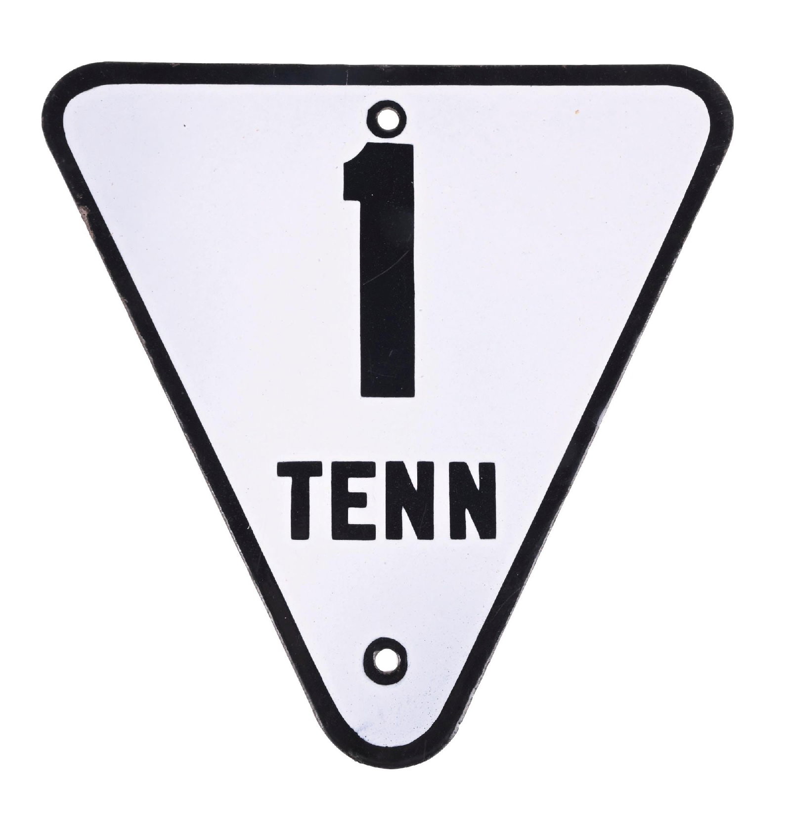 TENNESSEE STATE HIGHWAY ROUTE 1 PORCELAIN SIGN: SSP. CONDITION: Excellent color and gloss throughout, showing no field chipping. Minimal wear at the mounting holes with light nicks along the outer edge. A tough to improve upon example. Condition: (
