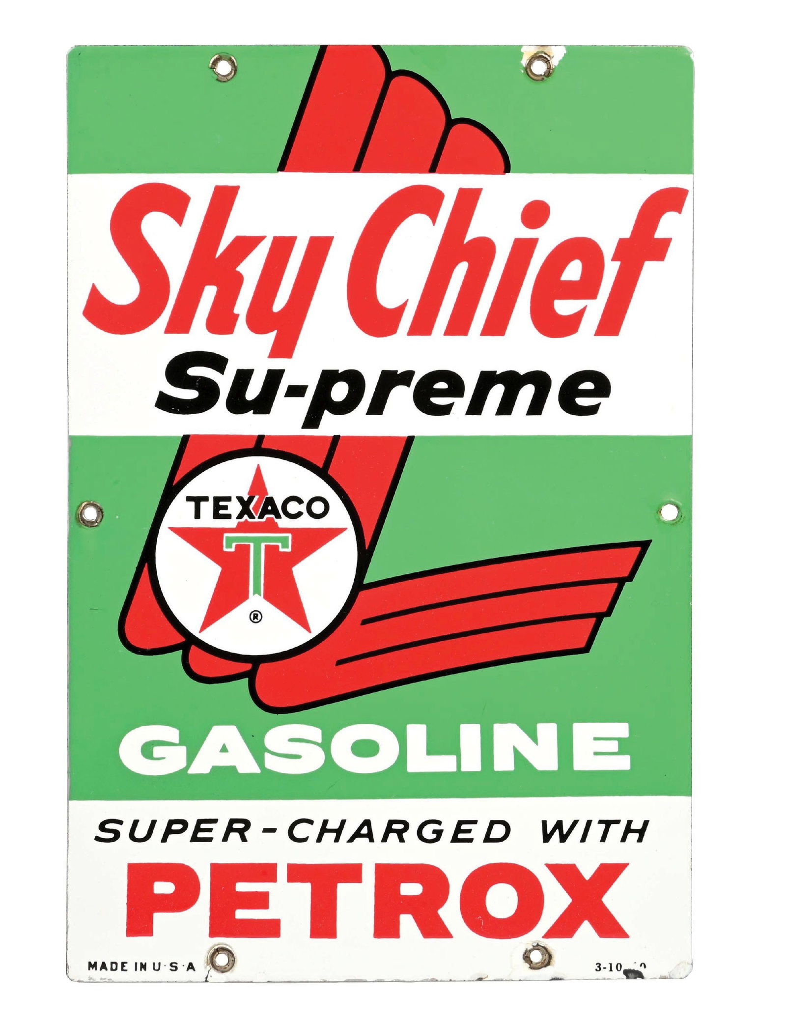 TEXACO SKY CHIEF SU-PREME GASOLINE SUPER CHARGED WITH PETROX PORCELAIN PUMP PLATE: SSP. C. 1960s. CONDITION: Excellent color and shine throughout the field with no chipping in the inner or outer fields. Light mounting hole wear with some minor chipping at the top and bottom edges. A