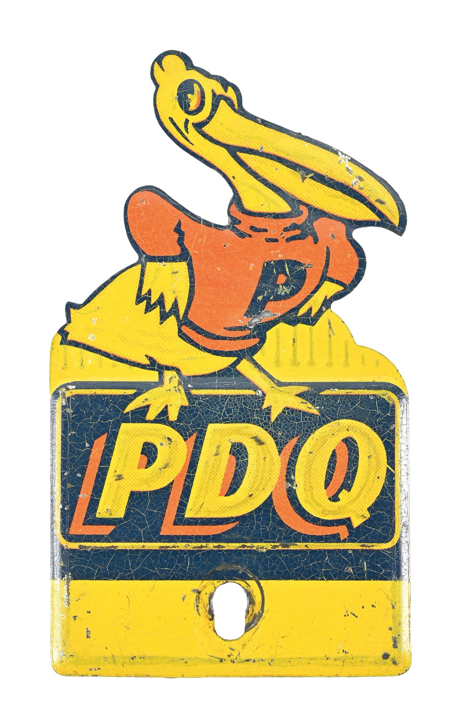 PDQ EMBOSSED TIN LICENSE PLATE TOPPER SIGN: SST. C. 1930s. Topper showing very good color and gloss throughout, with some moderate alligatoring to the paint and some areas of surface scratching. Mounting hole showing minor wear with wear along 