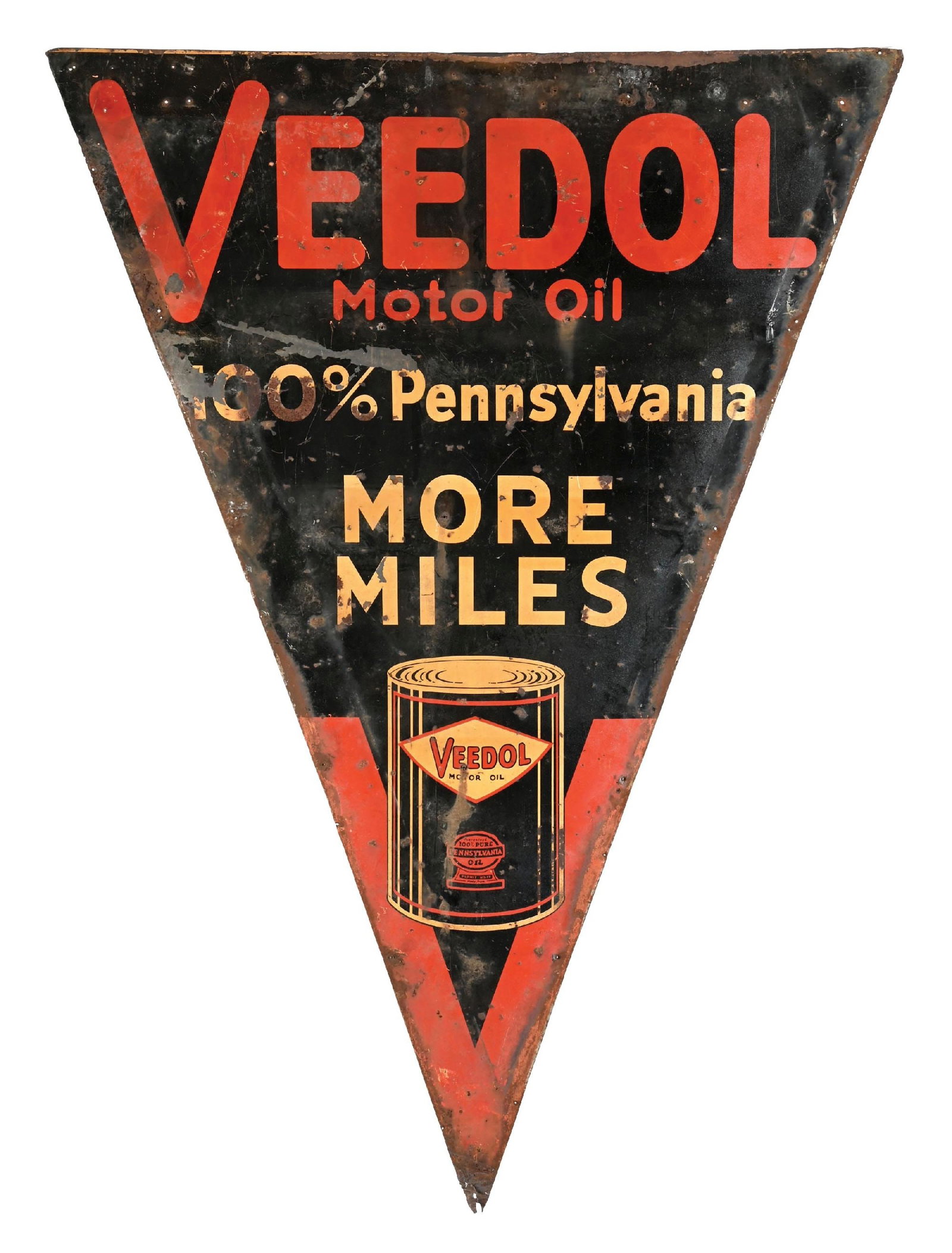 VEEDOL MOTOR OIL "MORE MILES" TIN TRIANGULAR SIGN (1 of 2)