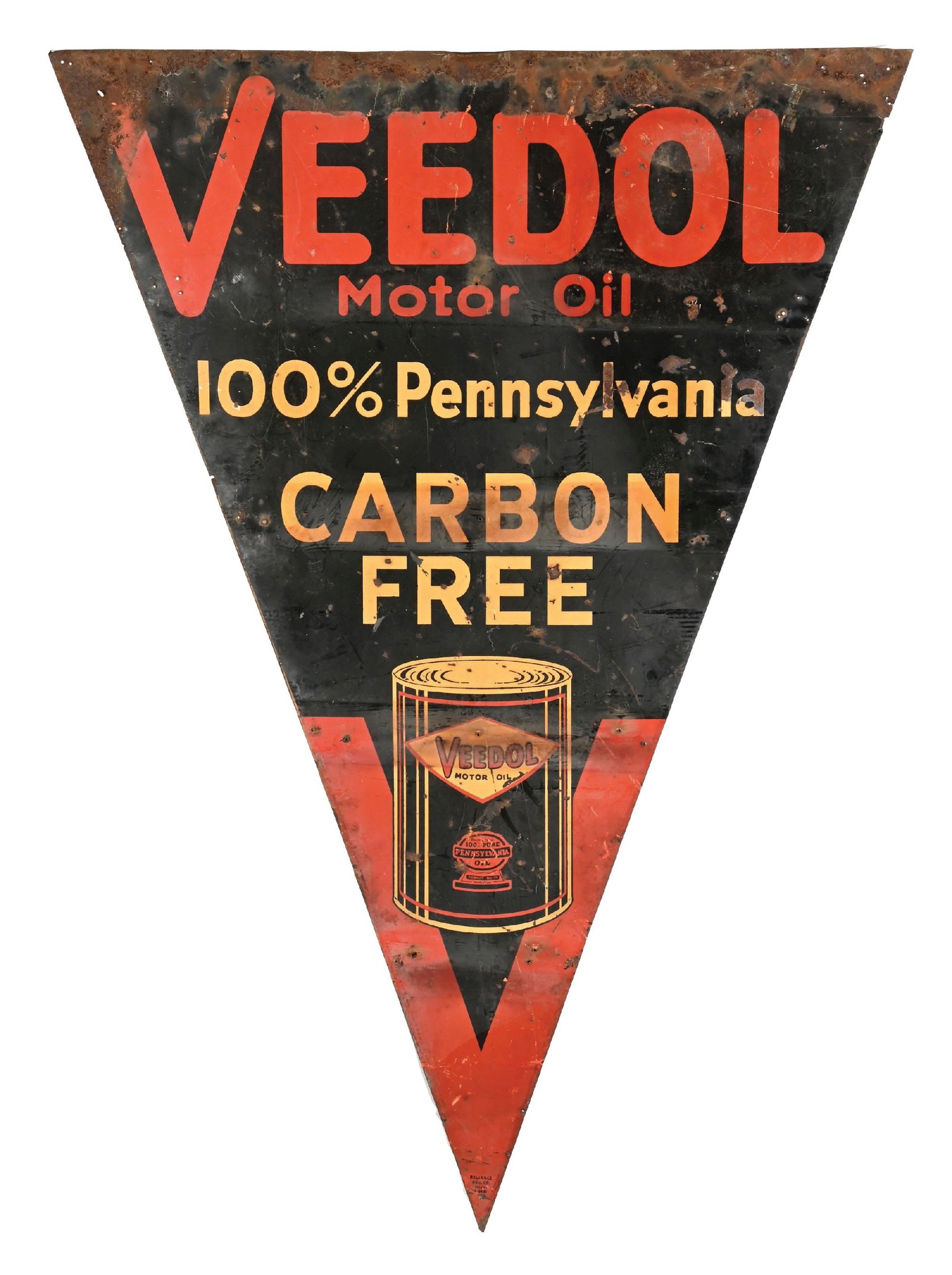 VEEDOL CARBON FREE MOTOR OIL TIN SIGN: SST. C. 1930s. CONDITION: Showing good color with moderate to heavier wear throughout showing nail holes as well as scratching, rust staining and paint loss. Although worn the piece displays well with