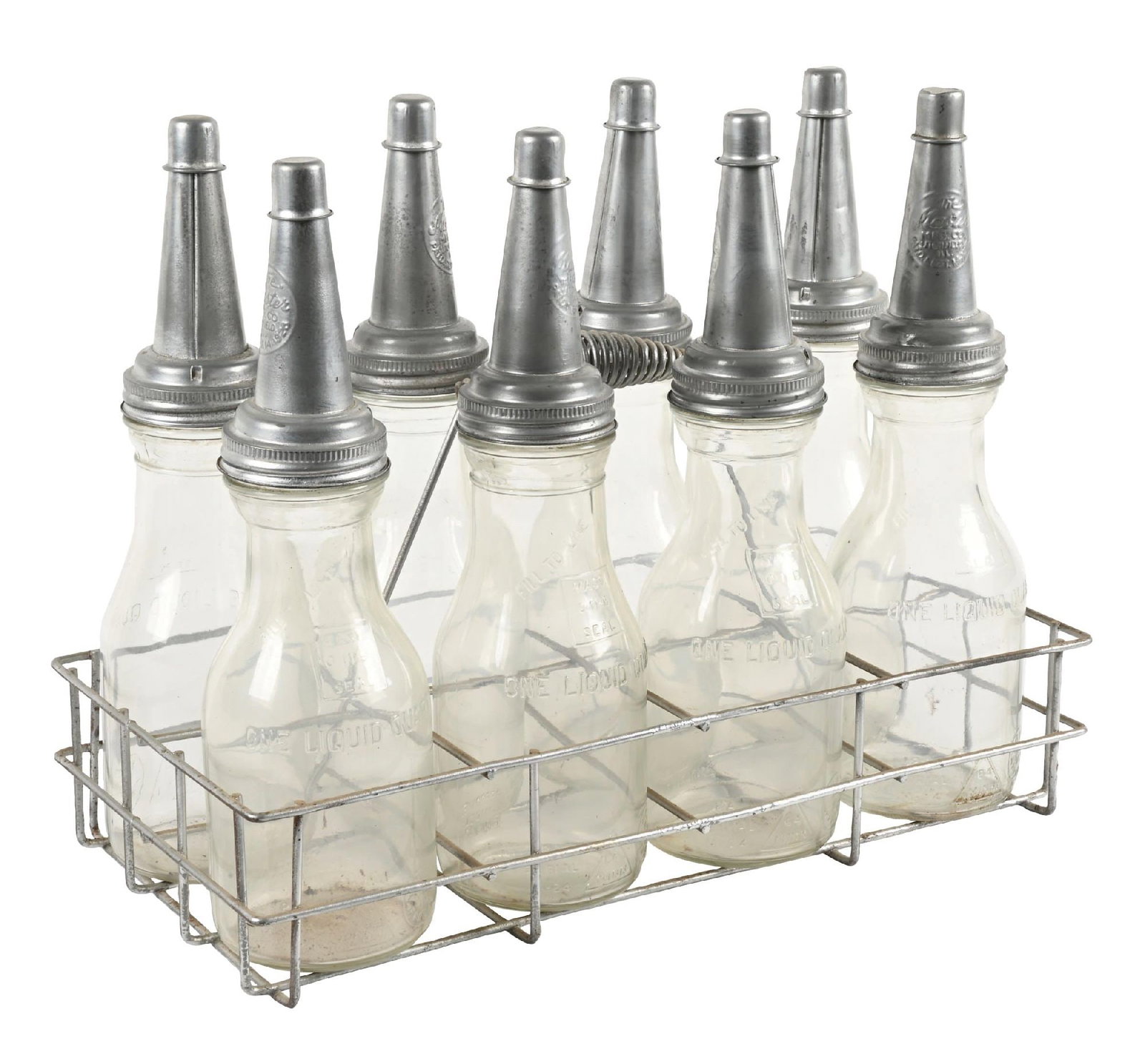 ONE QUART GLASS OIL BOTTLES W/ METAL TOTE (1 of 4)
